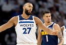 Rudy Gobert of the Timberwolves reacted to a call in Sunday's loss to the Nuggets at Target Center.