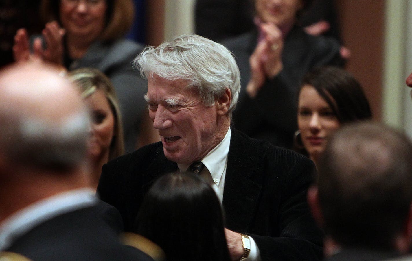 Former Governor Wendell R. Anderson greeted Gov. Dayton after a State of the State address.