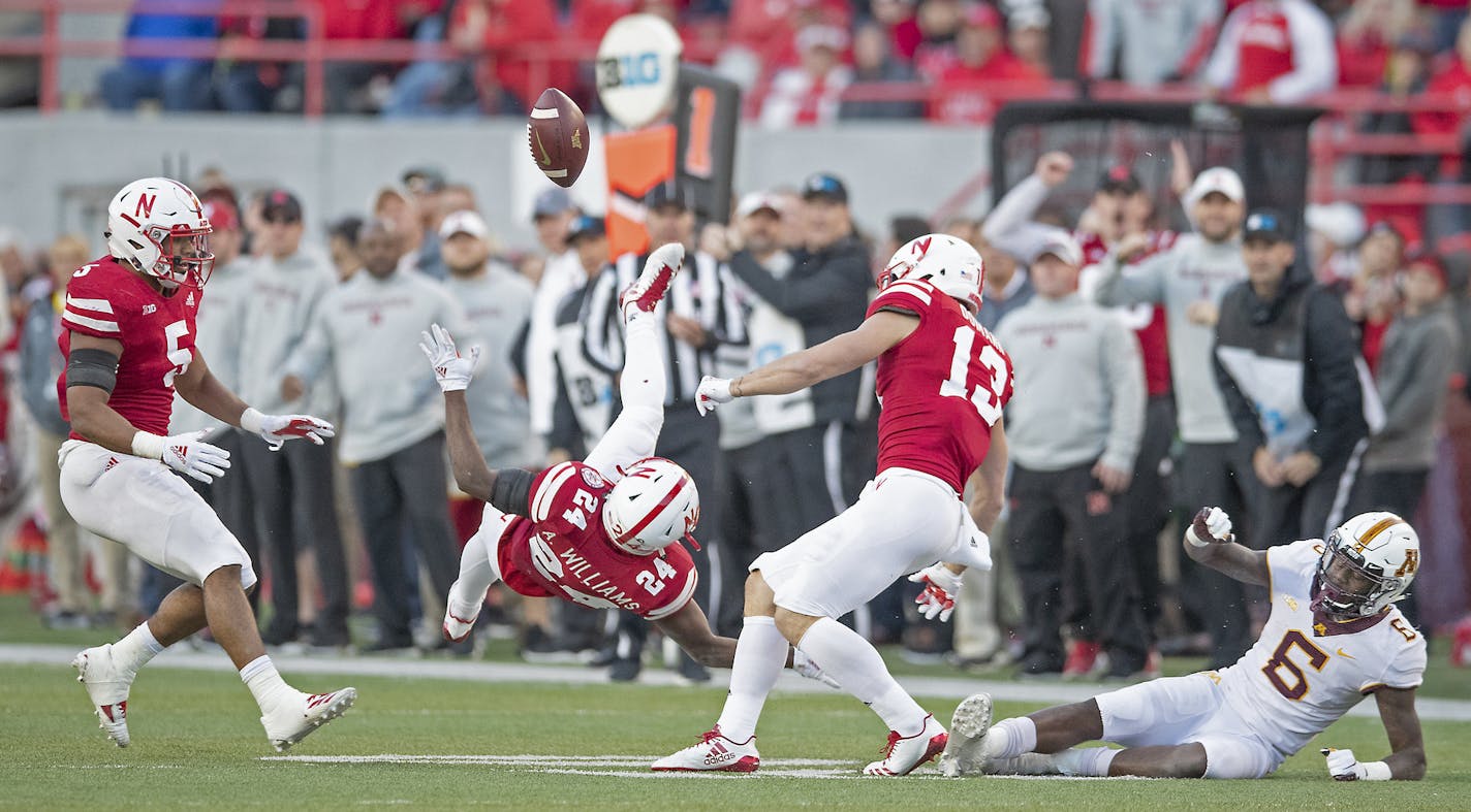 The ball is flipped into the air after Nebraska's defense blocked a pass intended for Minnesota's wide receiver Tyler Johnson during the fourth quarter as Minnesota took on Nebraska at Memorial Stadium, Saturday, October 20, 2018 in Lincoln, NE. ] ELIZABETH FLORES &#xef; liz.flores@startribune.com