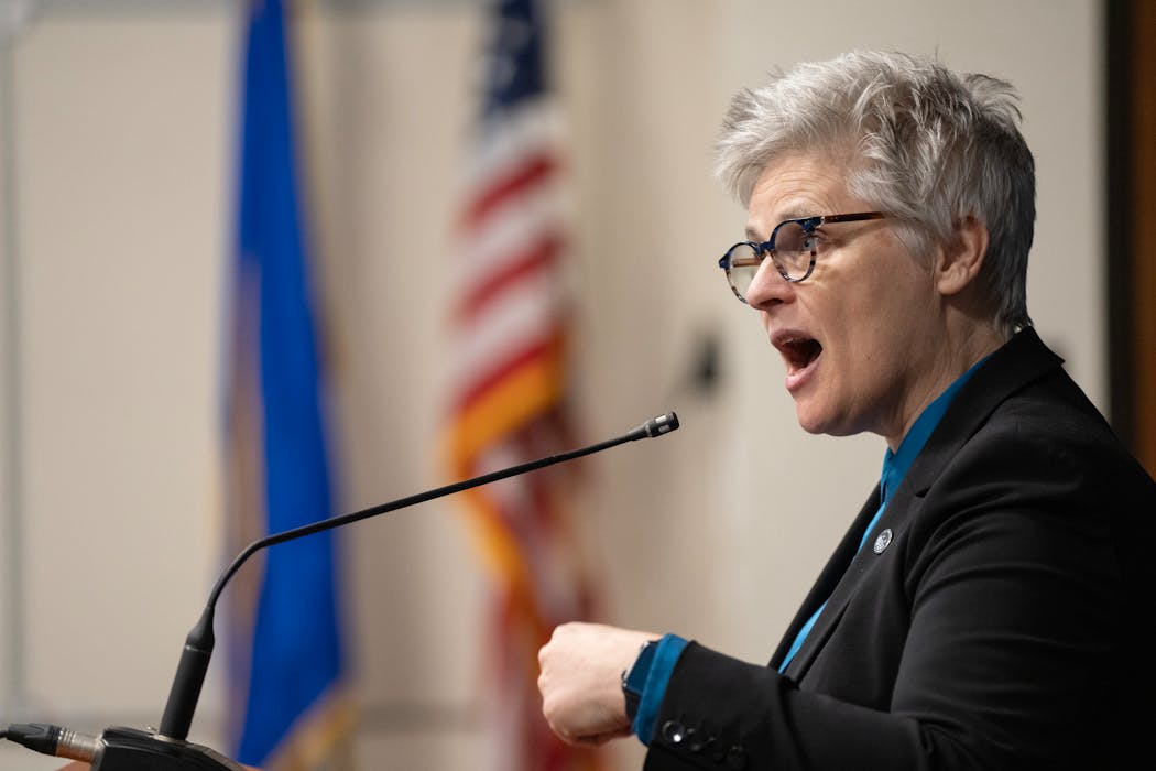 Hennepin County Attorney Mary Moriarty speaks during a press conference Tuesday at the Hennepin County Government Center in Minneapolis shortly after a teenage suspect in a mass shooting case made his first appearance in court.