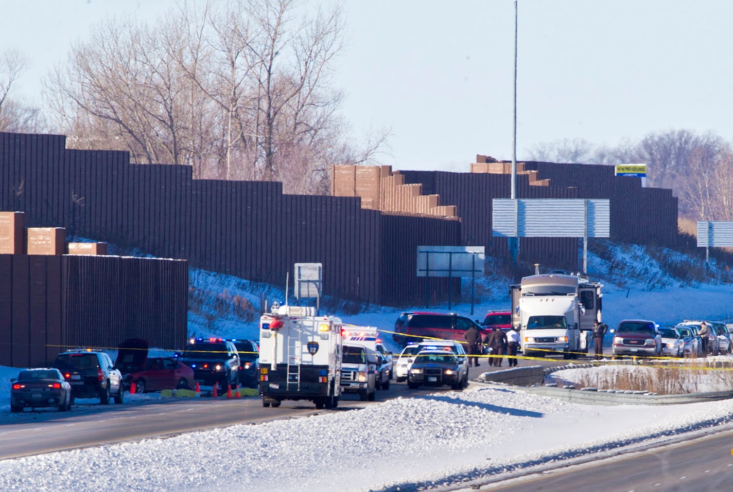 The scene of a high speed car chase that ended in shots fired in Chanhassen, Minn., on Thursday, February 7, 2014.