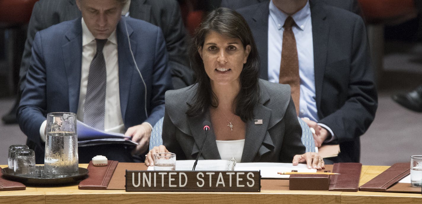 U.S. Ambassador to the United Nations Nikki Haley speaks during a Security Council meeting on the situation between the Israelis and the Palestinians, Friday, June 1, 2018 at United Nations headquarters. (AP Photo/Mary Altaffer)