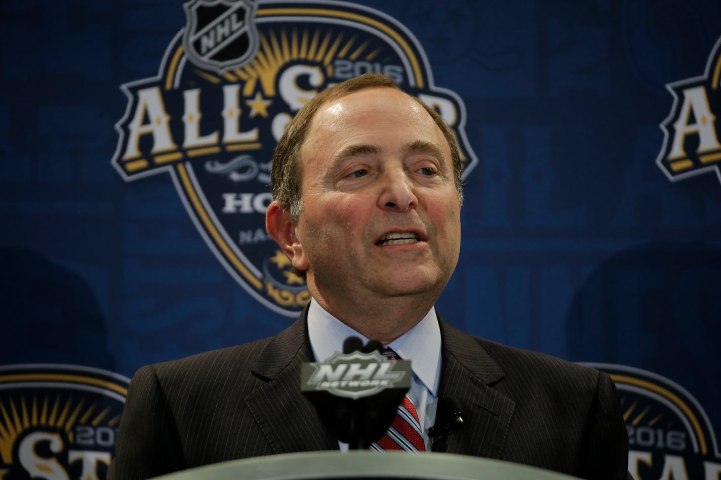 NHL Commissioner Gary Bettman spoke to reporters before the NHL hockey All-Star skills competition on Saturday in Nashville, Tenn.