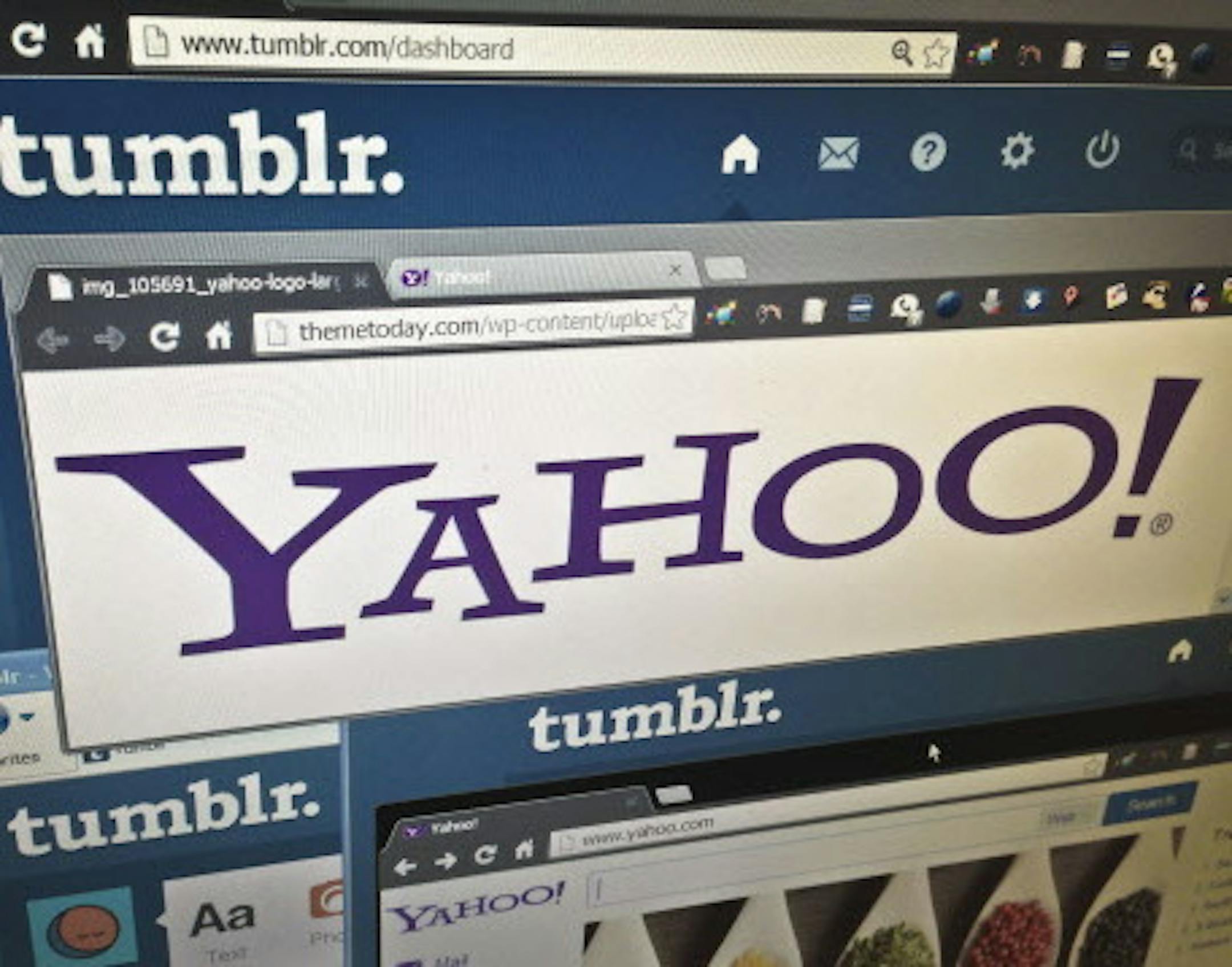 FILE - In this May 20, 2013, file photo, the web pages of Yahoo and Tumblr are displayed on a computer screen in New York. On Monday, July 25, 2016, Verizon formally announced that it is buying Yahoo for $4.83 billion, marking the end of an era for a company that once defined the internet. Nothing will change immediately to Yahoo email accounts and other services, but neither Yahoo nor Verizon said much about the once-venerable brand's future once Verizon takes over. (AP Photo/Bebeto Matthews, F