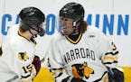 Warroad forward Peyton Sunderland (33) celebrates with fellow forward Taven James (15) after scoring in the first period of a MSHSL Class 1A state sem