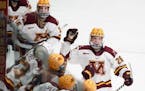 Minnesota Golden Gophers forward Sarah Potomak (26) celebrated with her teammates on the bench after she scored a goal on Wisconsin Badgers goaltender