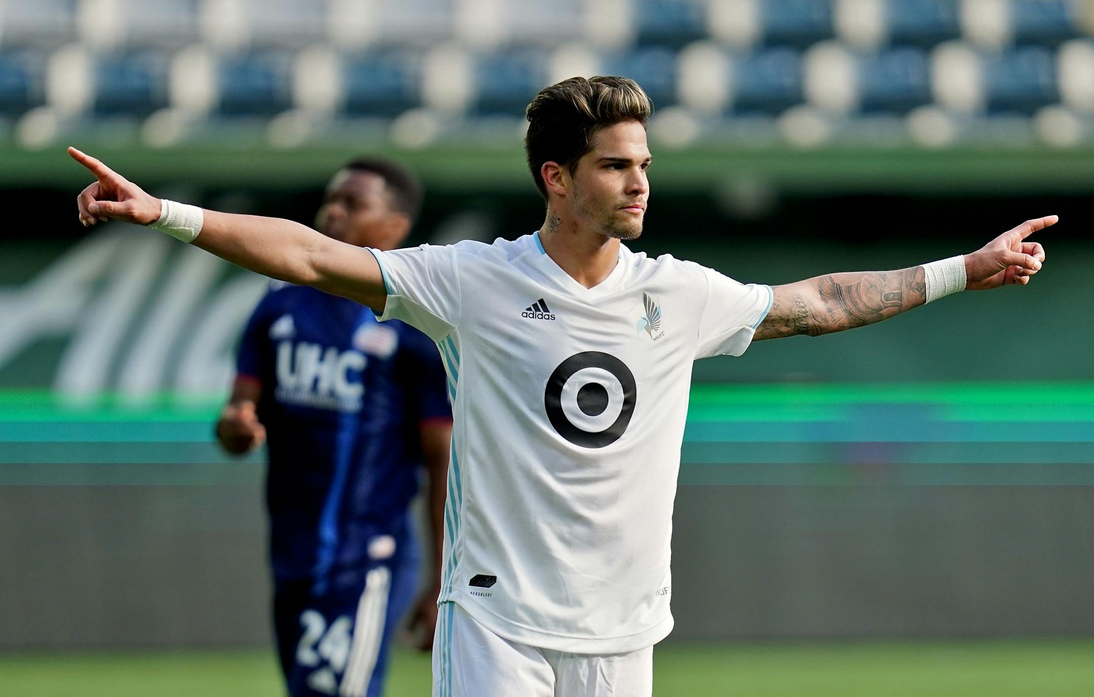 Minnesota United forward Luis Amarilla (9) reacts after scoring a goal during a preseason match against the New England Revolution at Providence Park in Portland, OR on February 16, 2020. (Photo by Craig Mitchelldyer for the Star-Tribune) ORG XMIT: 1010559071 ORG XMIT: MIN2002170834281828