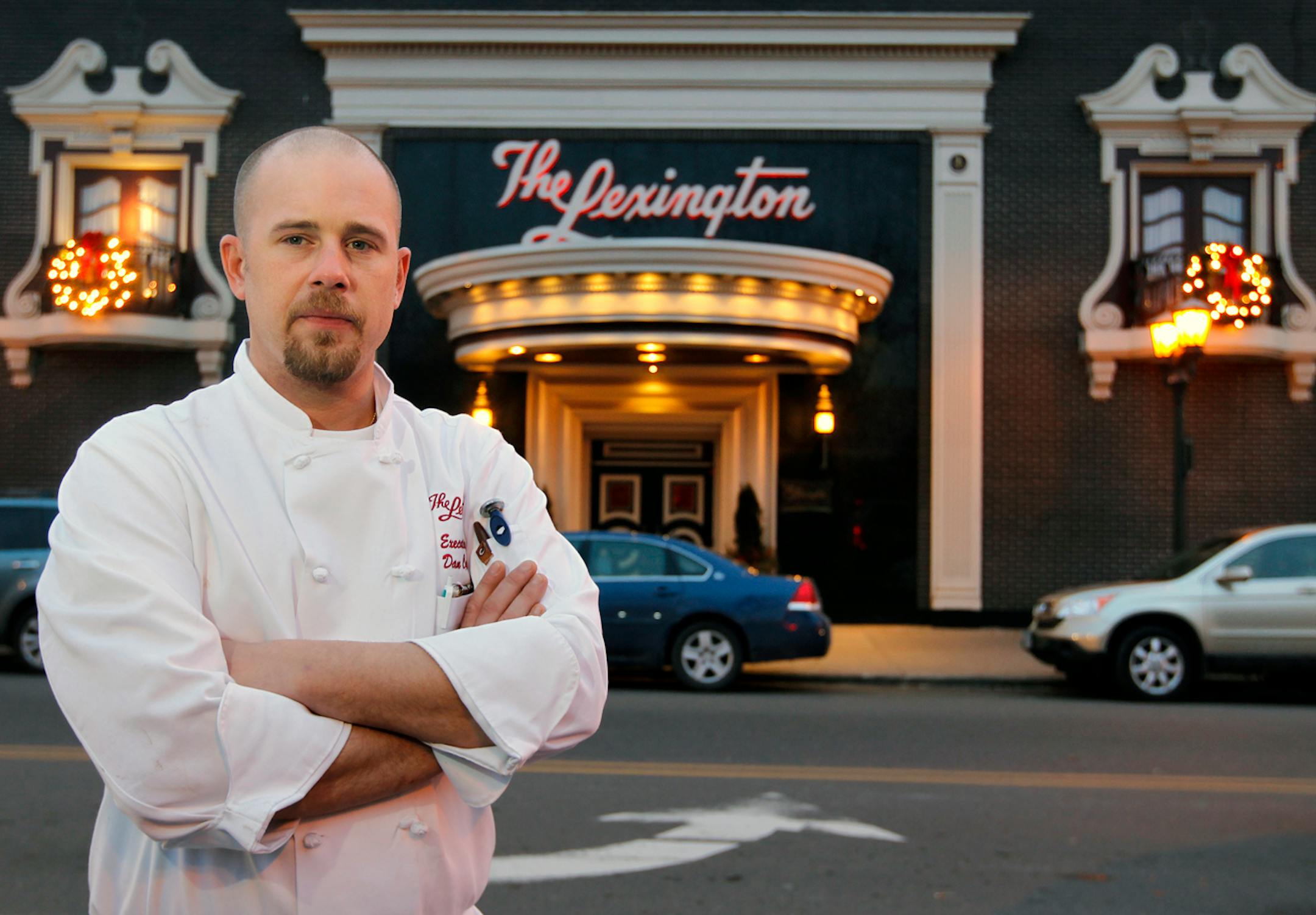 Chef Dan Calloway, in front of the Lexington's landmark Grand Avenue facade.
