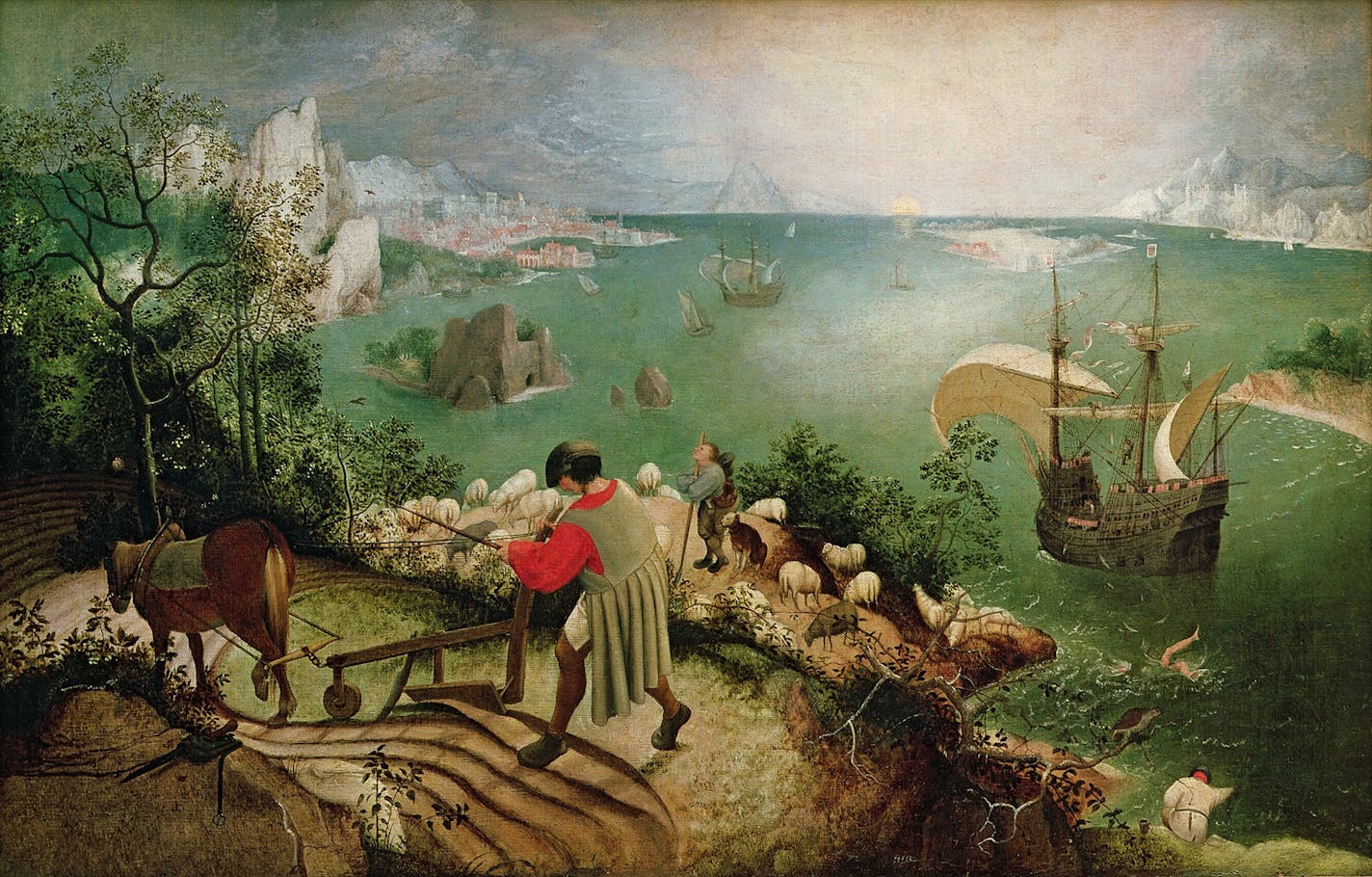 In Greek mythology, Icarus tries to fly on waxed, feathered wings too close to the sun and falls into the sea. In "Landscape with the Fall of Icarus," thought to be by Pieter Bruegel the Elder, Icarus is at lower right. The painting is referenced in W.H. Auden's poem named after a Brussels museum. In the poem, Auden reflects on how big things can happen as others remain unaware or indifferent.