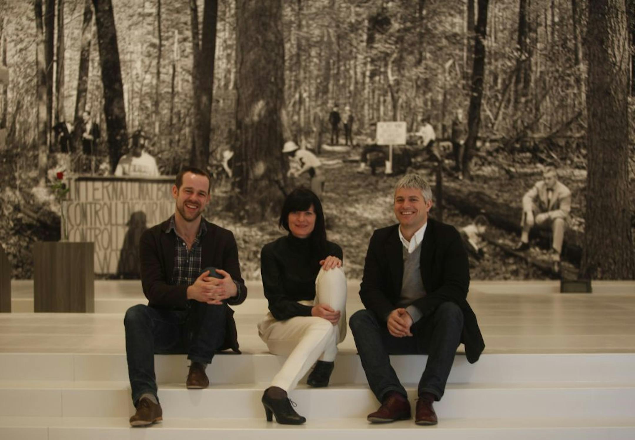 Goshka Macuga, center, with "It Broke From Within" co-curators Bartholomew Ryan, left, and Peter Eleey.