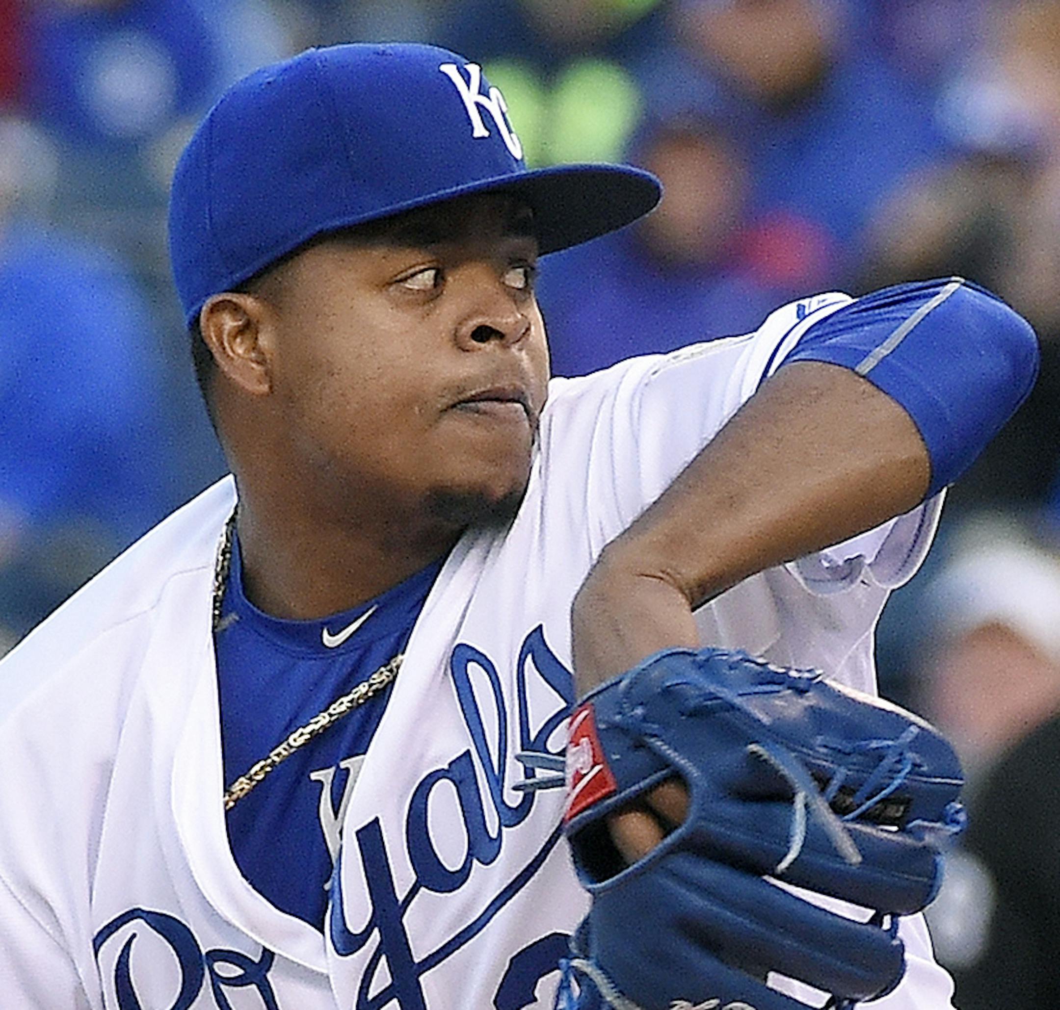 Kansas City Royals starting pitcher Edinson Volquez (36) throws during the second inning on Monday, April 20, 2015, at Kauffman Stadium in Kansas City, Mo. (John Sleezer/Kansas City Star/TNS)