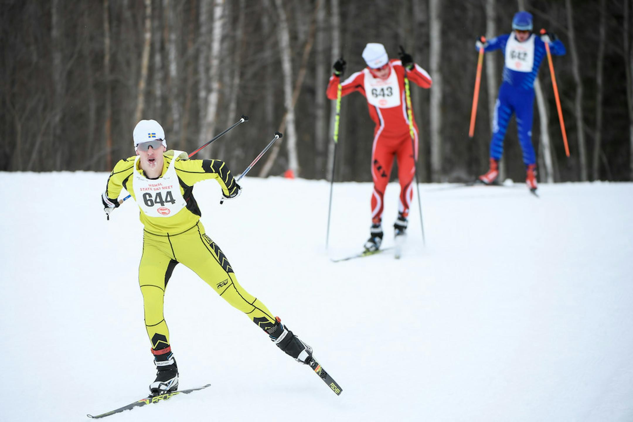 Forest Lake's Ethan Erickson raced ahead of Ely/Silver Bay's Ben Gustafson and Brainerd's Evan Storbakken in the 5K freestyle race in the 2019 state meet at Giant's Ridge in Biwabik. Photo: AARON LAVINSKY • aaron.lavinsky@startribune.com