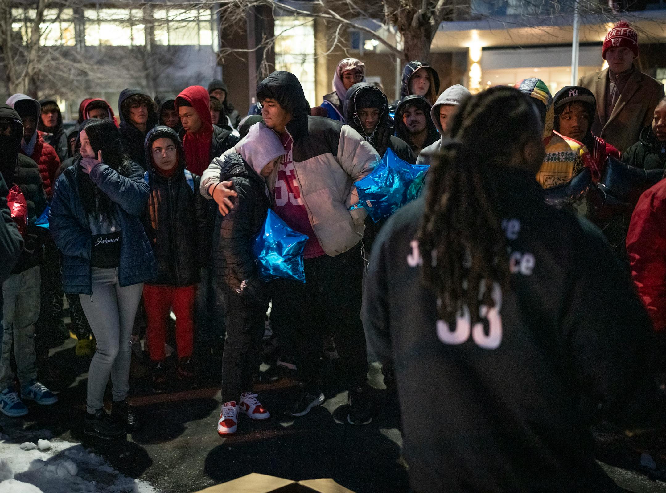 Cortez Rice, father of Jahmari Rice, speaks to a crowd of young people about what happened to his son and encouraged them to focus on school and reject gun violence during a vigil for the one year anniversary of the death of 15-year-old Jahmari Rice.