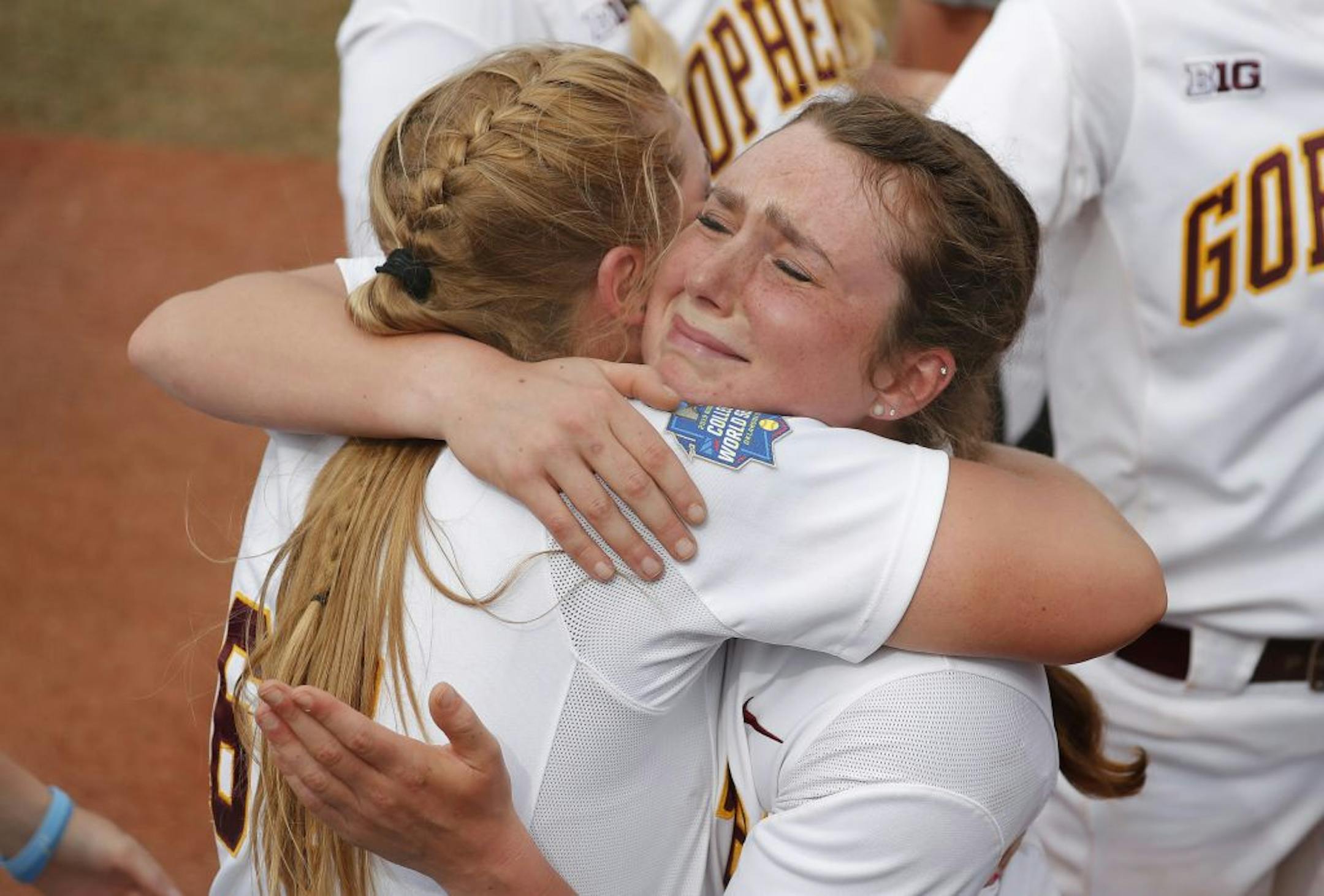 Minnesota's Maddie Houlihan is emotional following the loss to Washington during the Women's College World Series at ASA Hall of Fame Stadium in Oklahoma City on Saturday, June 1, 2019. Washington won 5-3. Photo by: Alonzo J. Adams