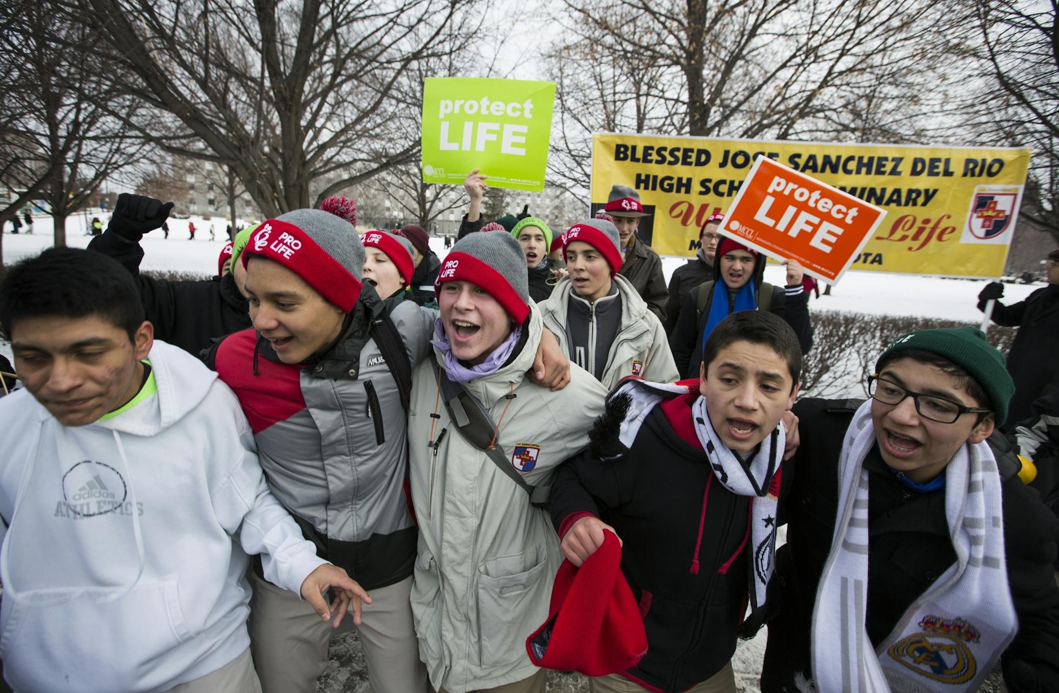 Students from Blessed Jos� Sanchez Del Rio High School Seminary in Mankato sing and chant during the annual Minnesota Citizens Concerned for Life March for Life at the State Capitol Mall in St. Paul on Friday, January 22, 2016. From left is Christopher Herrera, 14, Uriel Barrera ,14, Tobyn Fignar, 16, Juan Correa, 14, and Daniel Sanchez, 13.