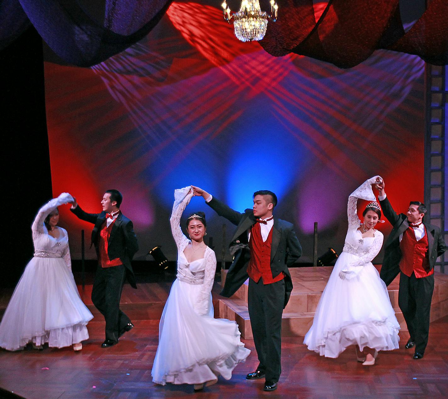 Actors from left, Joelle Fernandez, Alex Galick, Stephanie Bertumen, Jeric Basilio, Kylee Brinkmann and Maxwell Thao, danced the waltz during rehearsal for "Debutante's Ball" at the History Theatre, Sunday, March 15, 2015 in St. Paul, MN. ] (ELIZABETH FLORES/STAR TRIBUNE) ELIZABETH FLORES &#x2022; eflores@startribune.com