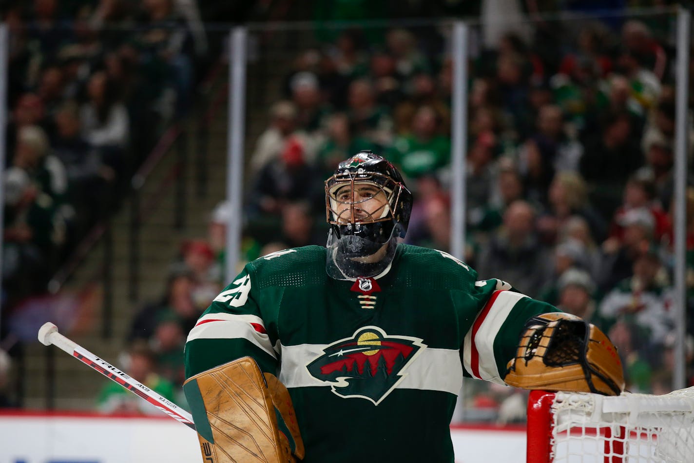 Minnesota Wild goaltender Marc-Andre Fleury looks on during an NHL hockey game against the Columbus Blue Jackets Saturday, March 26, 2022, in St. Paul, Minn. (AP Photo/Andy Clayton-King)