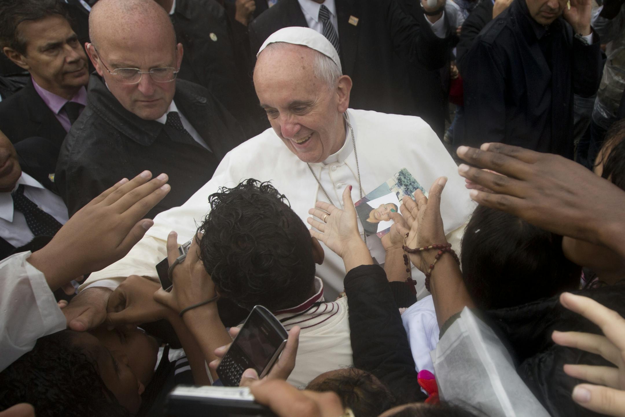 Pope Francis meets residents of the Varginha slum in Rio de Janeiro, Brazil.