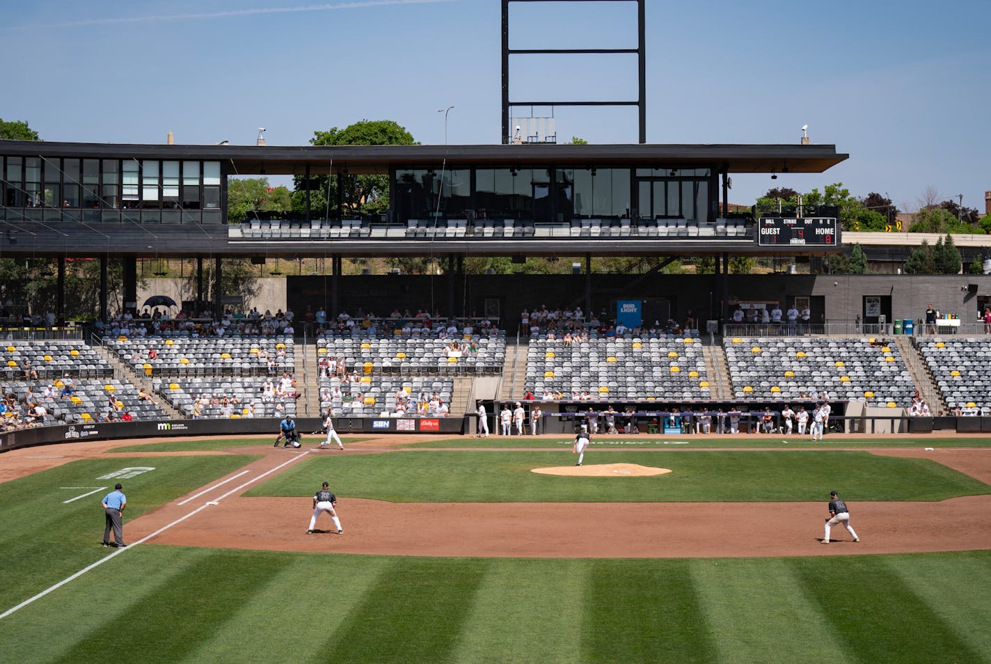 Lakeville South bats against East Ridge in the fourth inning of a 4A quarterfinals game Tuesday, June 13, 2023, at CHS Field in St. Paul, Minn. ]