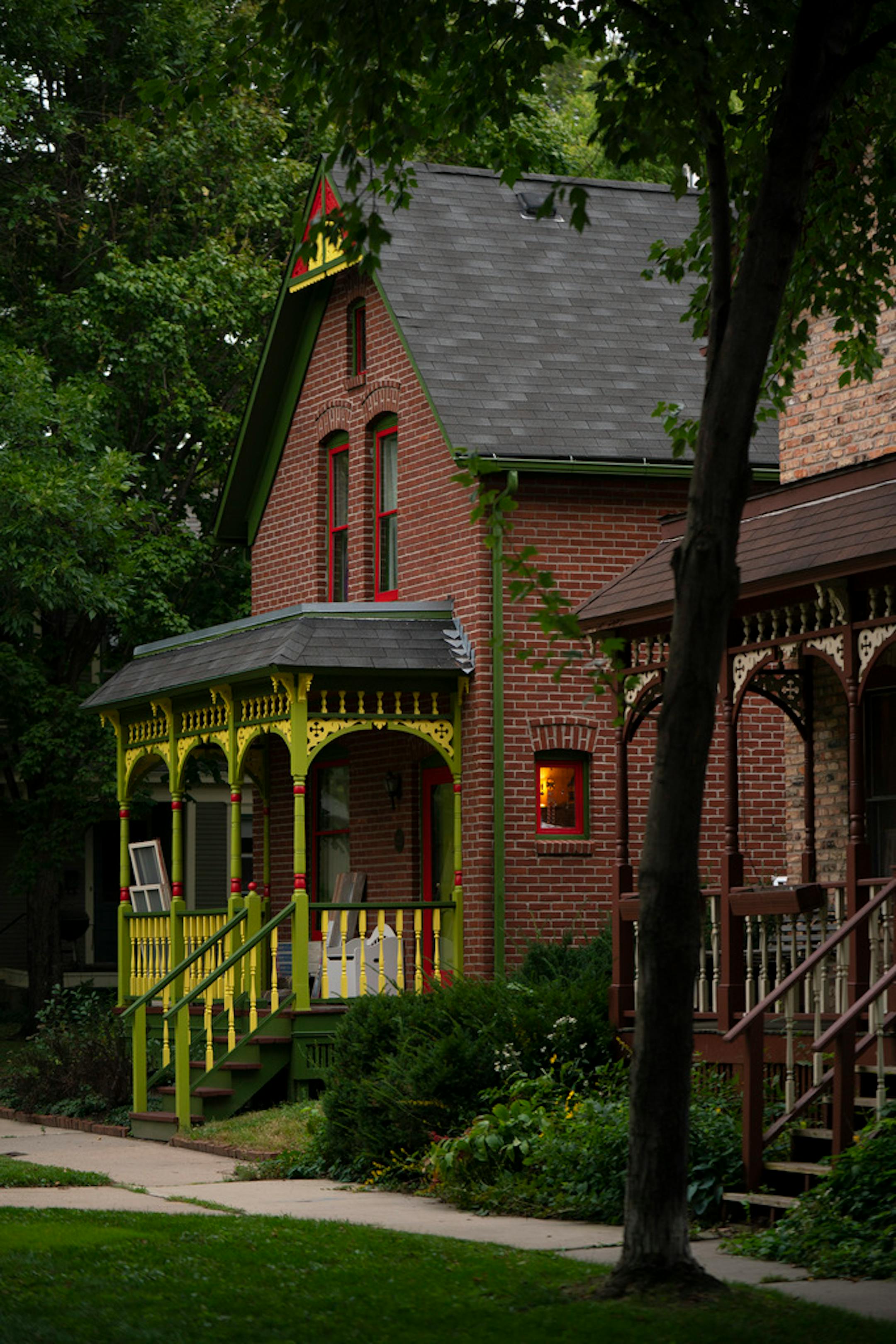 The brightly painted trim on the porch of one of the homes on Milwaukee Avenue.