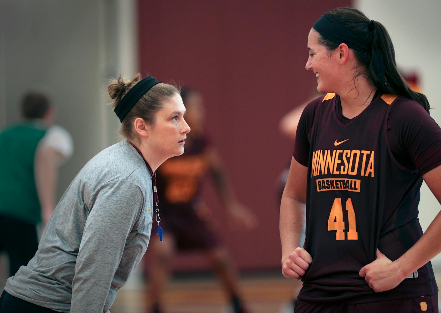 Lindsay Whalen's demeanor — running her first Gophers practice Monday as head coach — had senior center Annalese Lamke smiling. It was an upbeat, intense practice and Whalen relied on her assistants for suggestions.