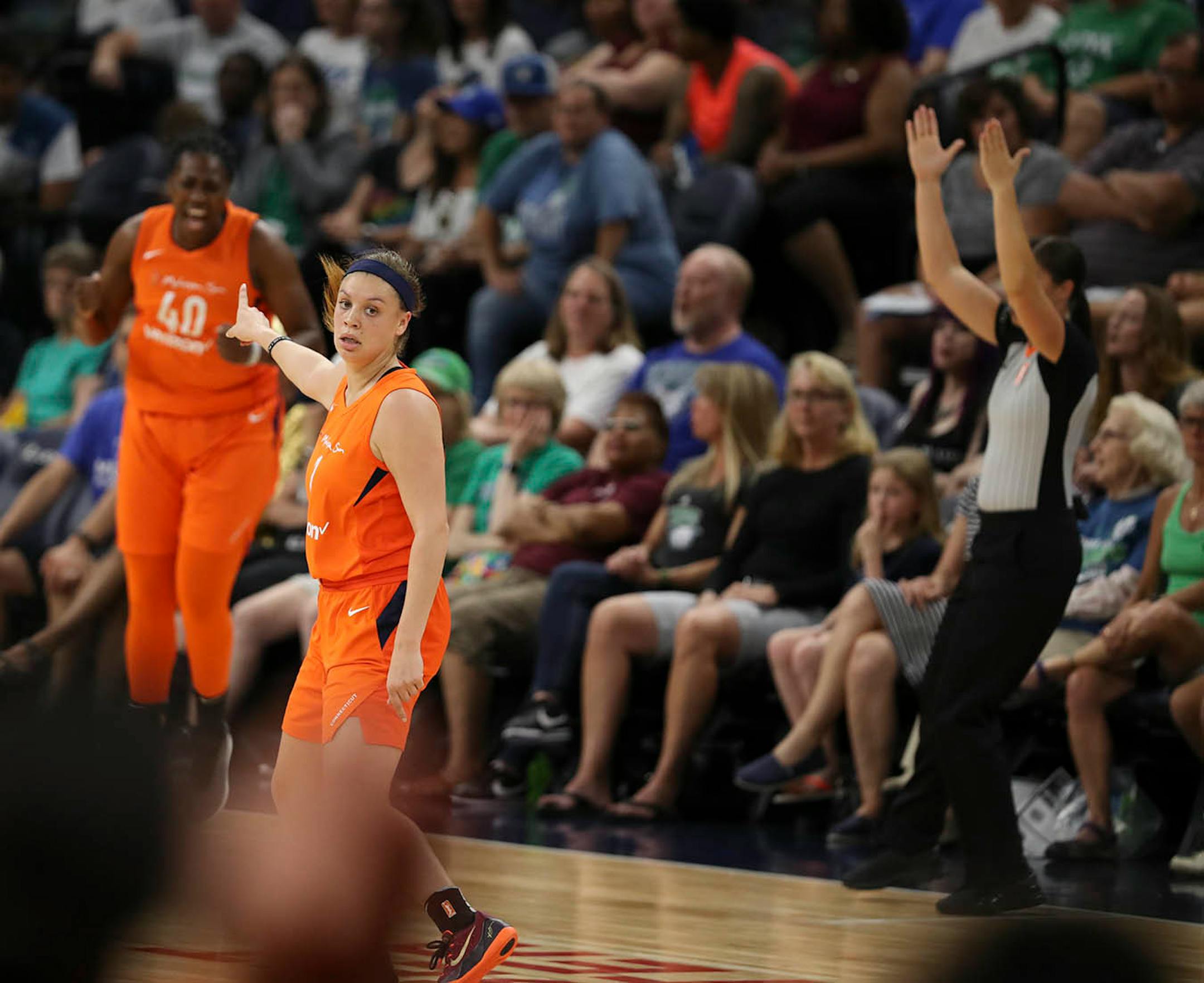 Former Gopher, Connecticut Sun guard Rachel Banham reacted after she hit one of her three 3 point attempts in the first half.