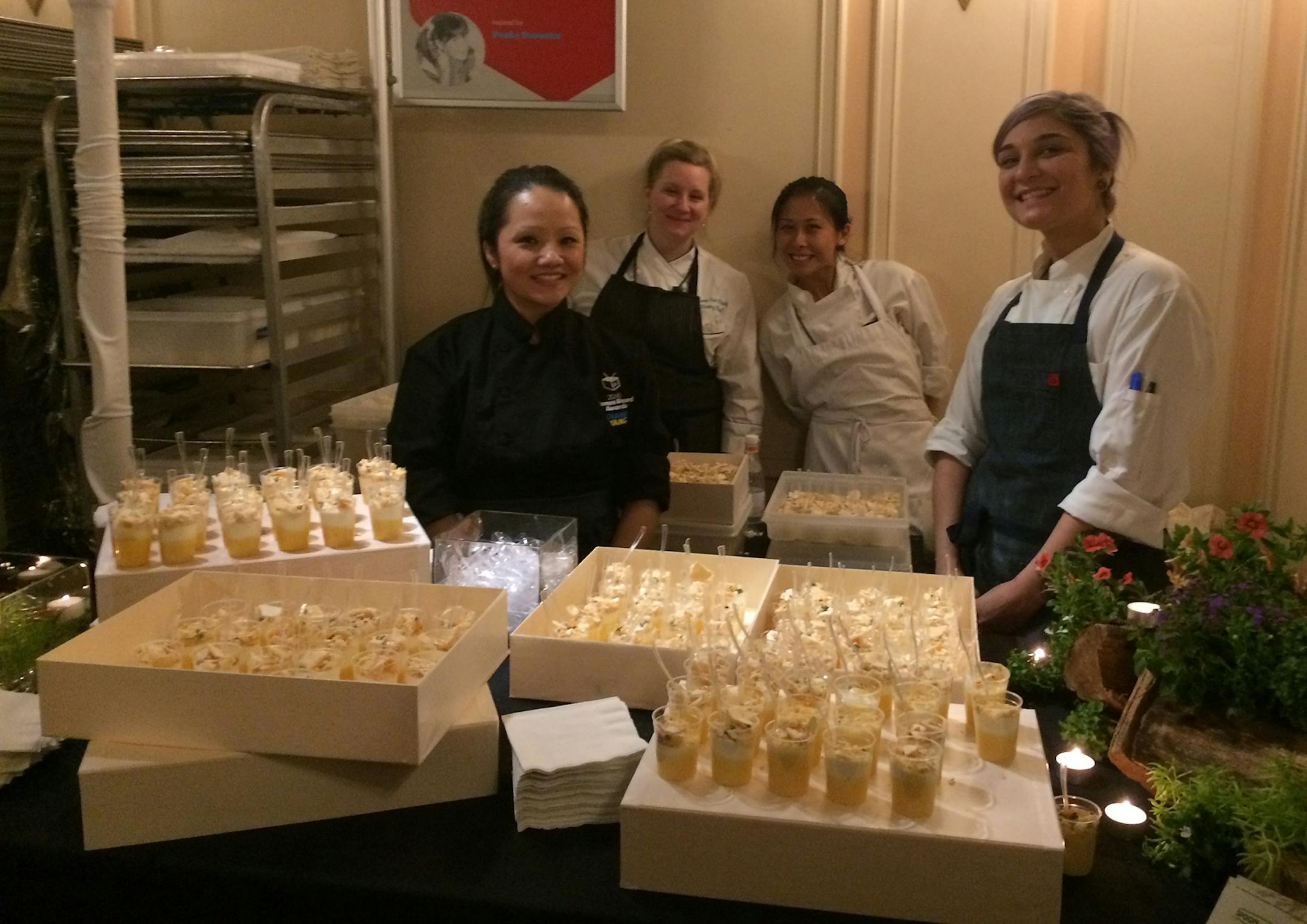 Diane Yang, pastry chef at Spoon and Stable, with her team at the James Beard awards, served small jars of tangy grapefruit curd topped with chantilly cream and crispy thyme-scented meringue.