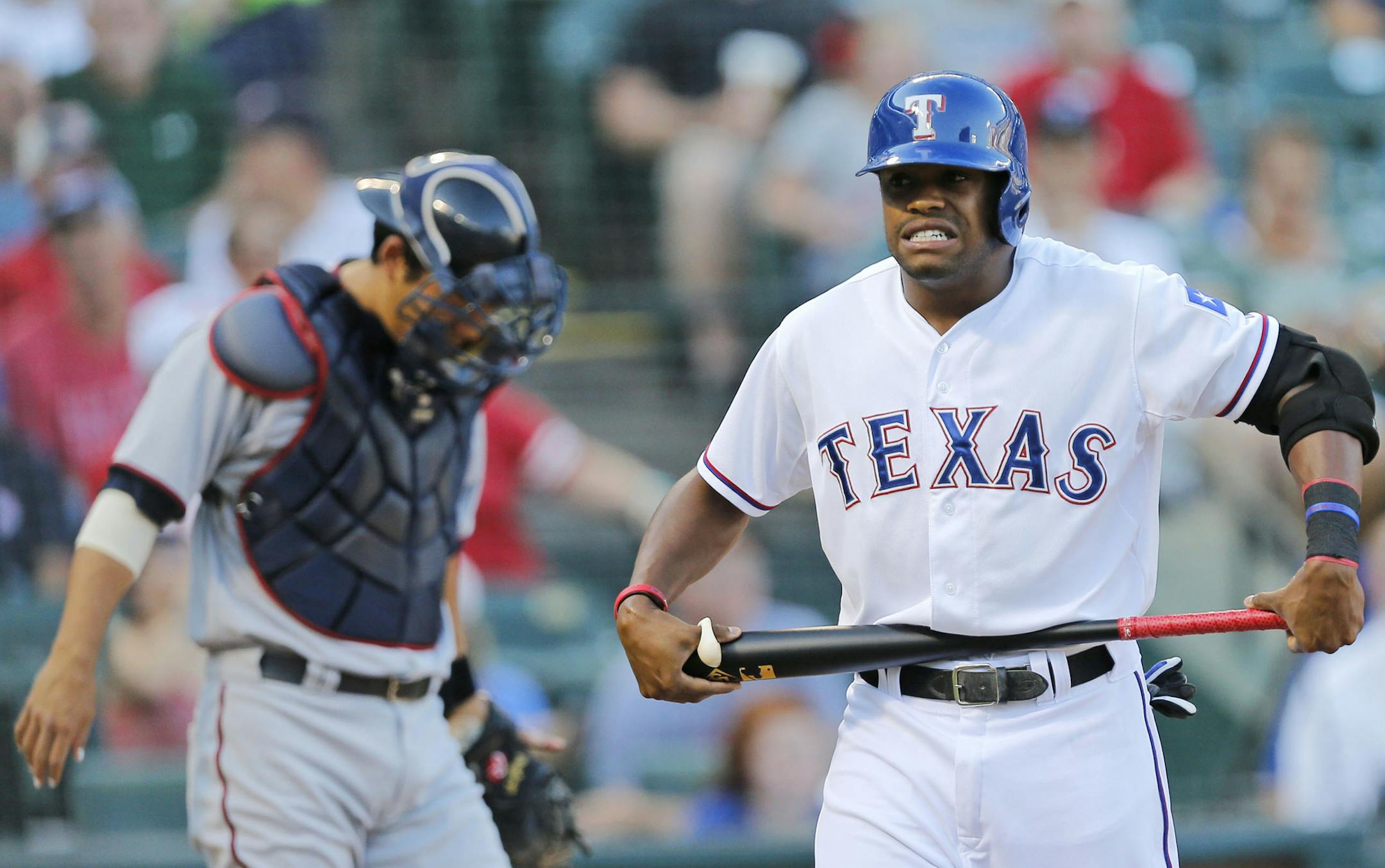 The Texas Rangers' Delino DeShields is called out on strikes in the first inning against the Minnesota Twins at Globe Life Park in Arlington, Texas, on Friday, June 12, 2015. (Rodger Mallison/Fort Worth Star-Telegram/TNS)