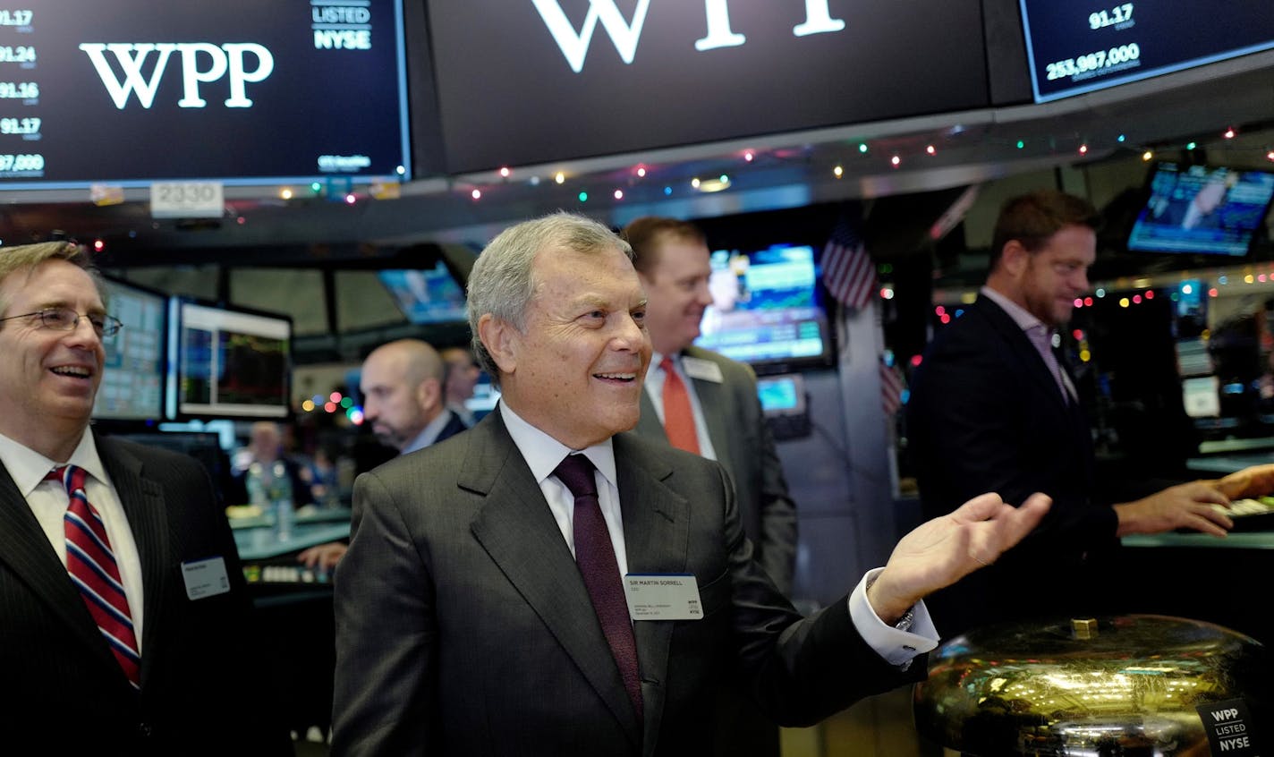 Sir Martin Sorrell, CEO of WPP, visits the New York Stock Exchange, Wednesday, Dec. 13, 2017, in New York. WPP is a London-based advertising and public relations firm. (AP Photo/Mark Lennihan) ORG XMIT: NYML107