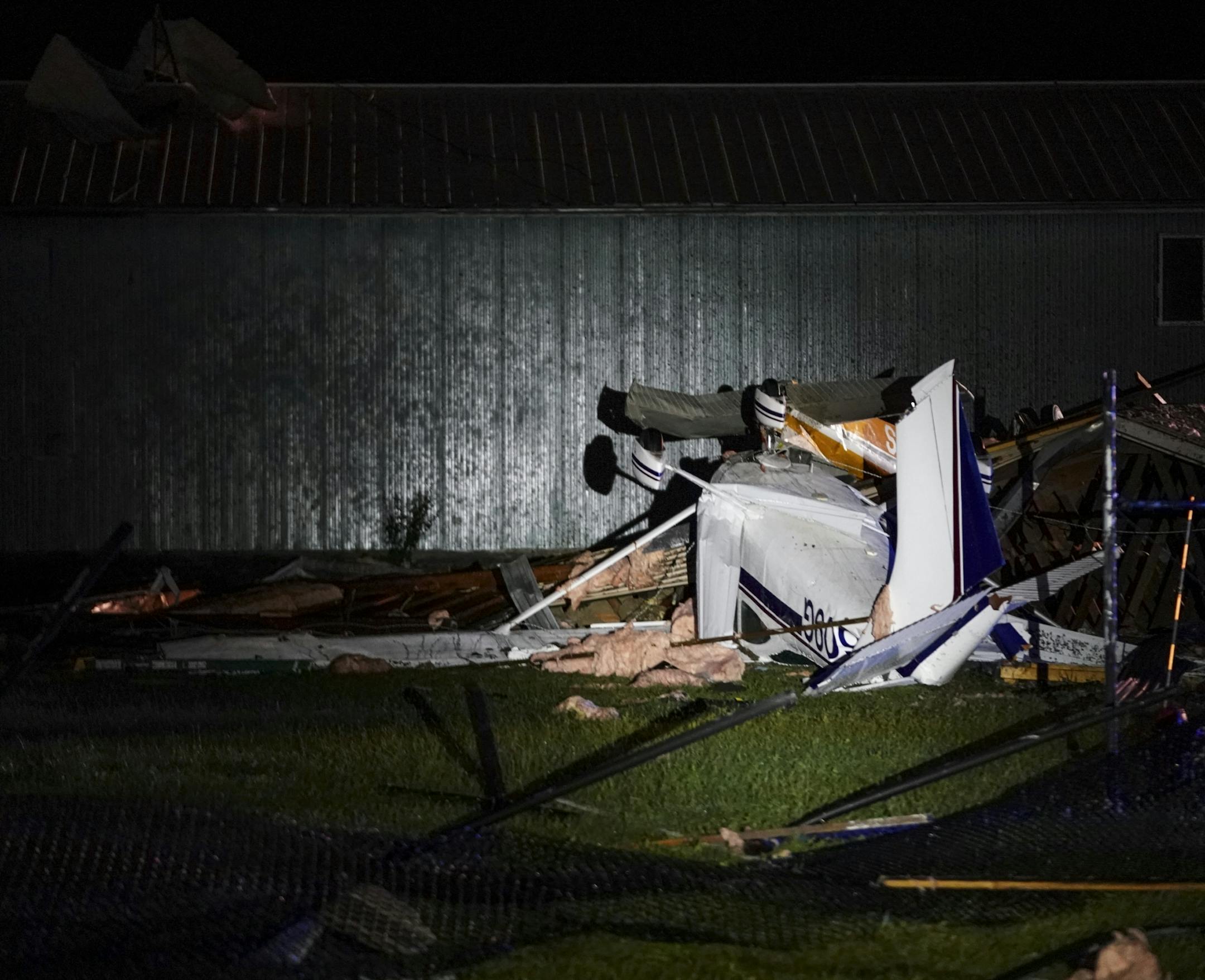A small plane was ripped from its hangar and flipped by a tornado at Faribault Municipal Airport earlier Thursday night.