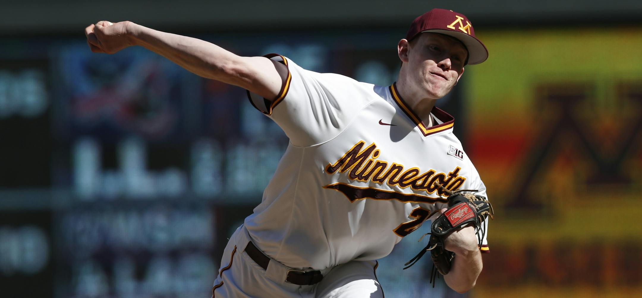 Gophers righthander Patrick Fredrickson at Target Field in 2018. Photo by Eric Miller/University of Minnesota athletics