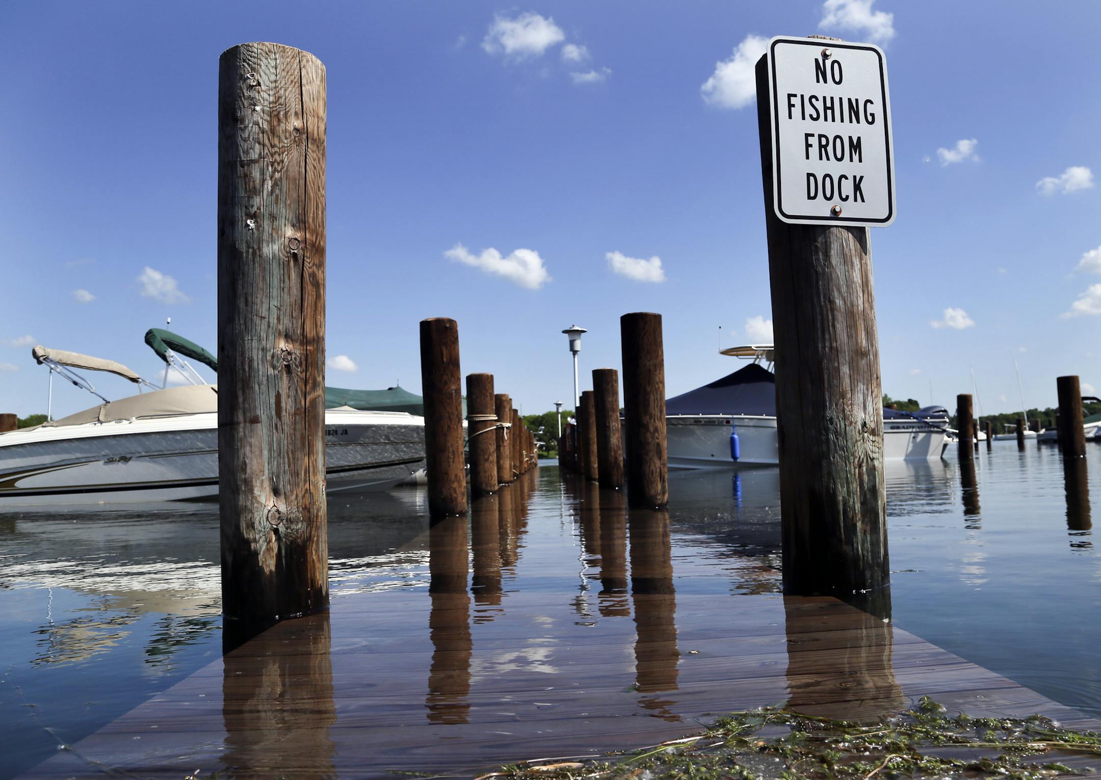 A recent rash of frequent, heavy rains has left Lake Minnetonka spilling over at a record height. The dock at the Deephaven City Marina was mostly submerged Wednesday, June 4, 2014, in Deephaven, MN.] (DAVIDJOLES/STARTRIBUNE) djoles@startribune.com Lake Minnetonka's record height Tuesday (higher than Monday's) has covered docks, cut off power to boats in marina and pulled dock parts and other stuff from lakeside lawns into the lake.