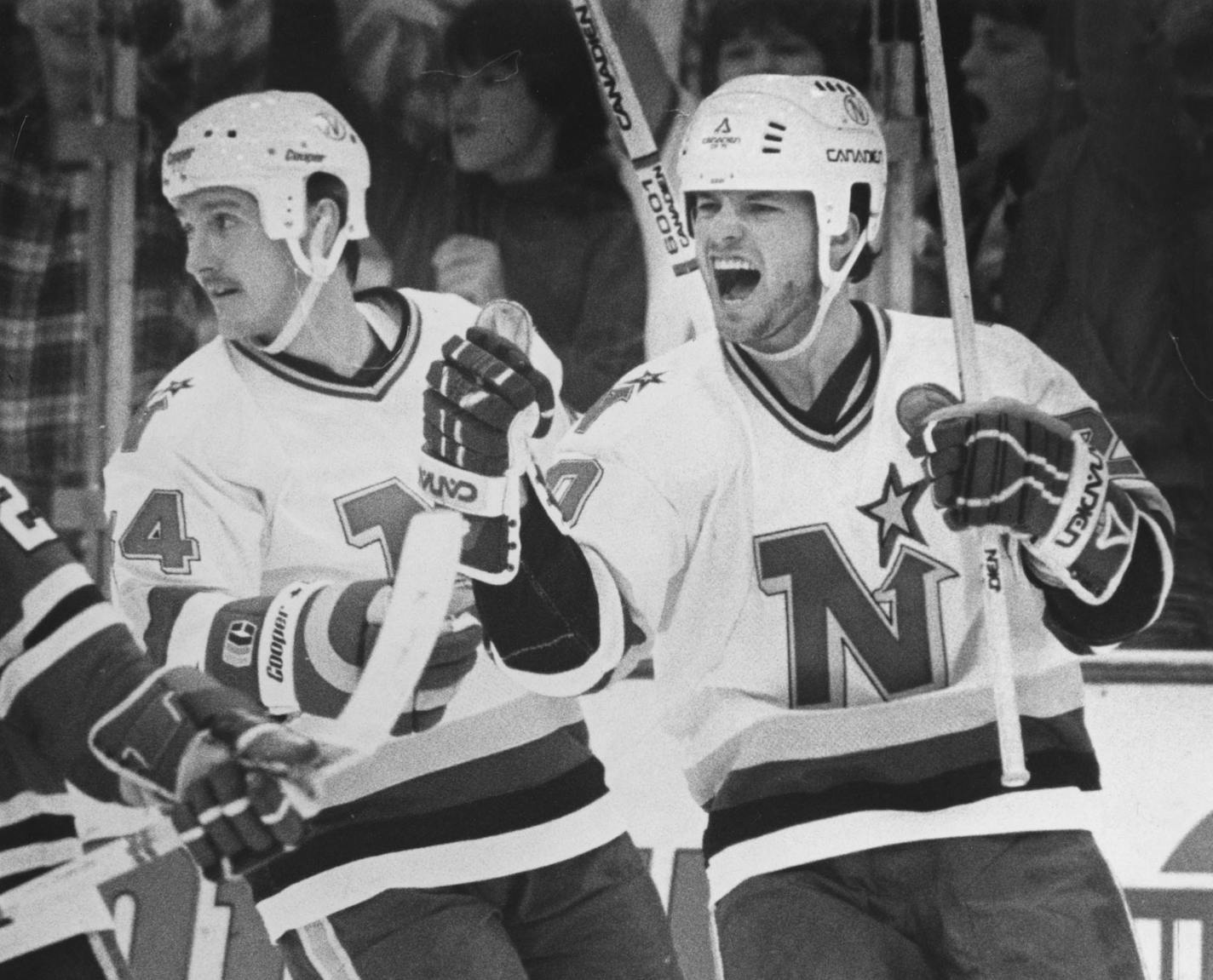 Dino Ciccarelli, right, celebrated a goal with North Stars teammate Steve Payne in 1985. Four years earlier, Ciccarelli set the NHL rookie record for playoff goals with 14 as the North Stars advanced to the Stanley Cup Final against the New York Islanders.