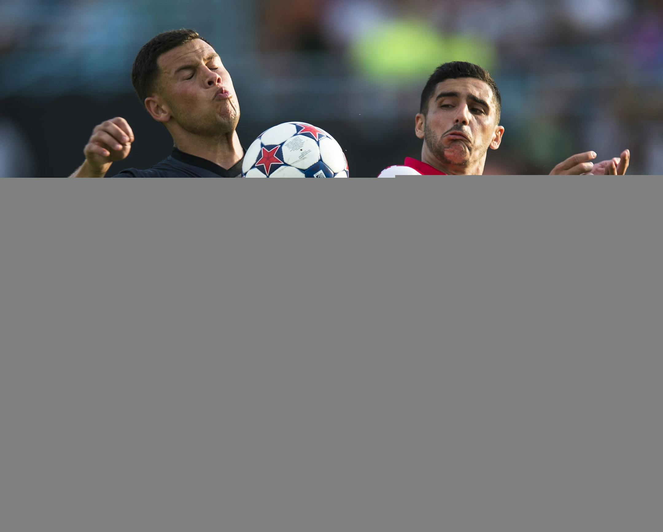 Minnesota forward Christian Ramirez (21) went up for a header against Ottawa midfielder Mauro Eustaquio (20) in the first half. ] Aaron Lavinsky • aaron.lavinsky@startribune.com Minnesota United FC played the Ottawa Fury FC on Saturday, July 11, 2015 at the National Sports Center in Blaine.