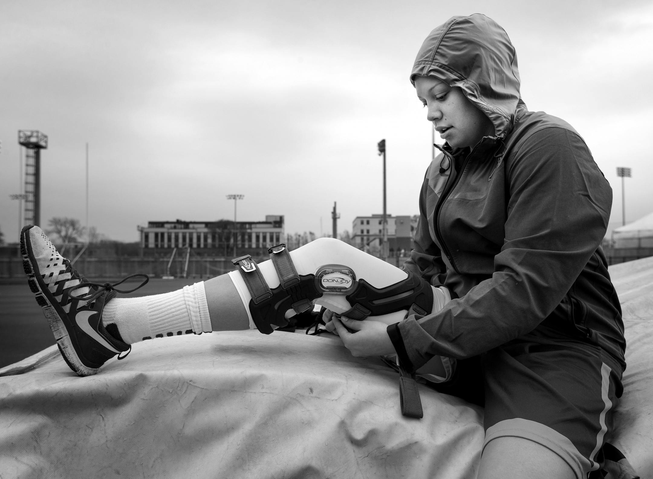 Rachel Banham adjusted her knee brace before a running workout on April 23, 2015. Banham was cleared to run for the first time earlier that week after her season ending injury in back in December of 2014. Although the injury happened during her senior year Banham received a medical hardship waiver to return for 2015-16 season. At the beginning of the season Banham needed 107 points to break the school's scoring record held by Gophers great Lindsay Whalen. Banham passed Whalen's total of 2,285 po