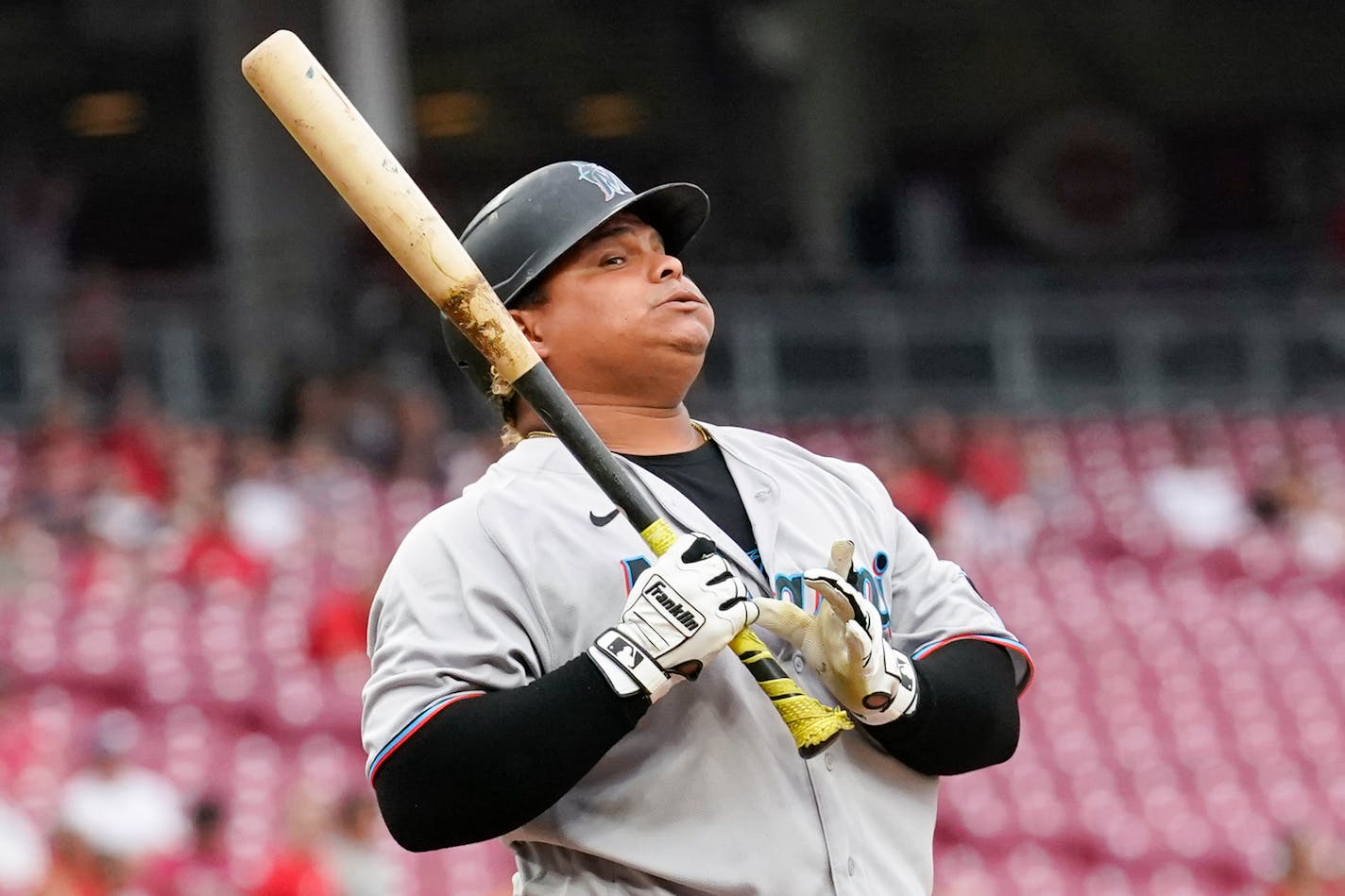 Miami Marlins' Willians Astudillo plays during a baseball game against the Cincinnati Reds Monday, July 25, 2022, in Cincinnati. (AP Photo/Jeff Dean)