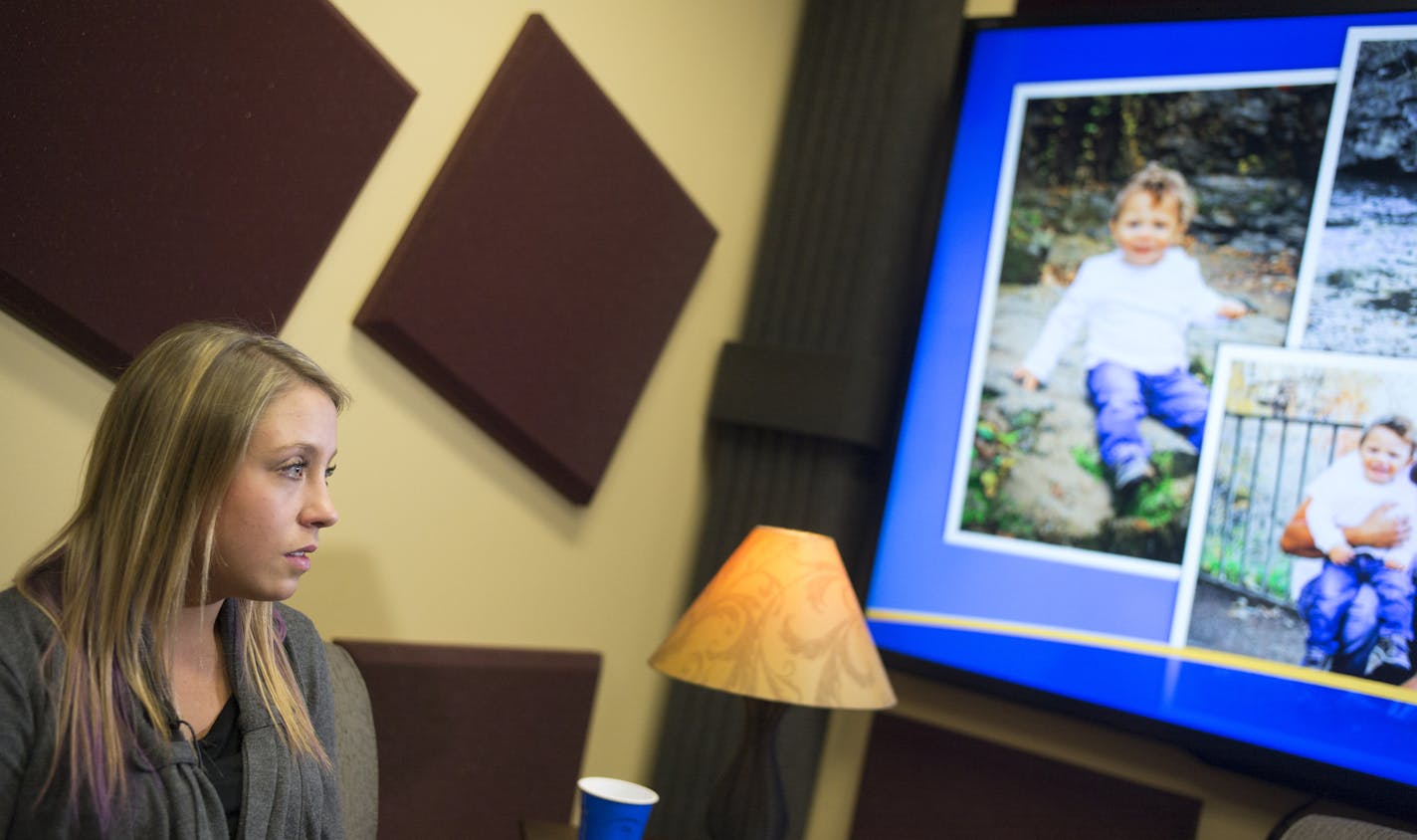 Kelsey Dyals teared up when she spoke about her son Henry Knoof who was the innocent victim of a crash in Eagan that resulted from a sleep deprived teen who was texting. Dyals talked about the brain injury he suffered and how he is recovering.] Richard Tsong-Taatarii/rtsong-taatarii@startribune.com