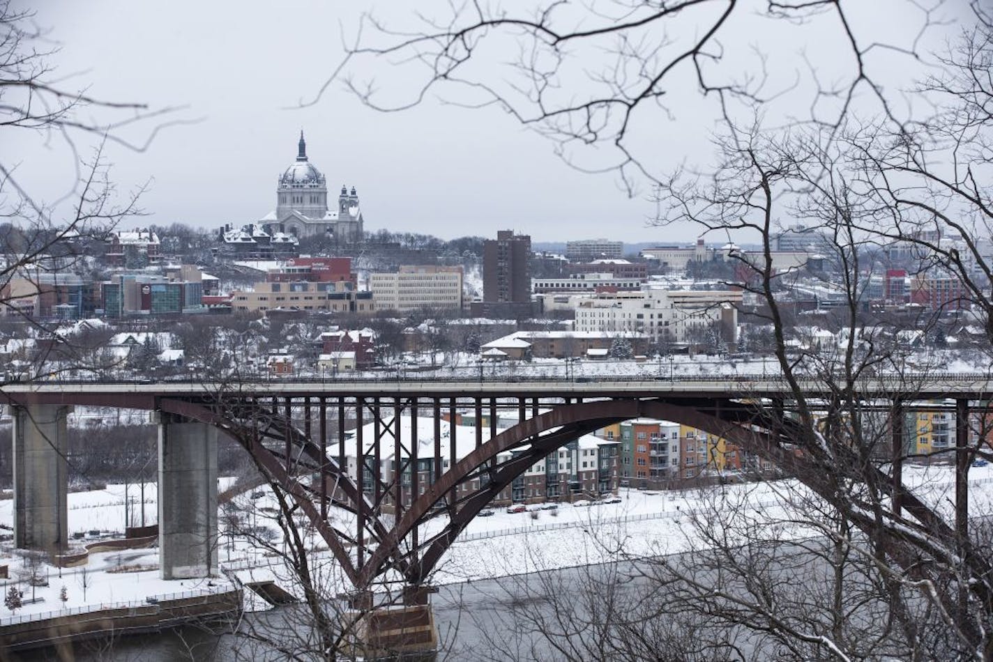 The Cathedral of St. Paul is seen from the other side of the High Bridge in St. Paul on Tuesday, December 29, 2015.