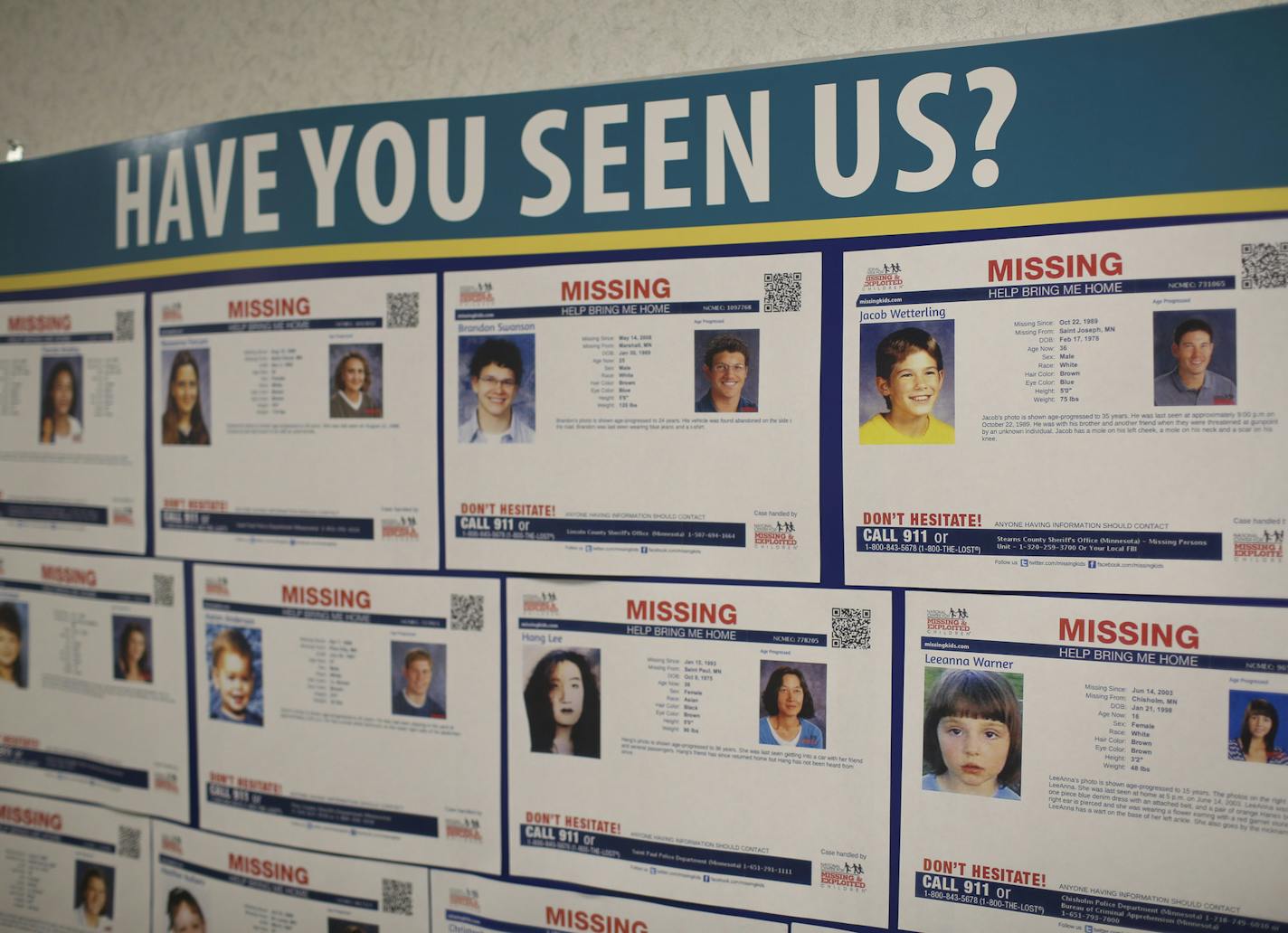 A flyer with Jacob Wetterling's information on it remains on the bulletin board of missing children at the Jacob Wetterling Resource Center in Minneapolis. ] JEFF WHEELER &#xef; jeff.wheeler@startribune.com A day after Jacob Wetterling's killer confessed in court, the work of helping families whose children go missing must still go on at the Jacob Wetterling Resource Center in Minneapolis, Wednesday, September 7, 2016.