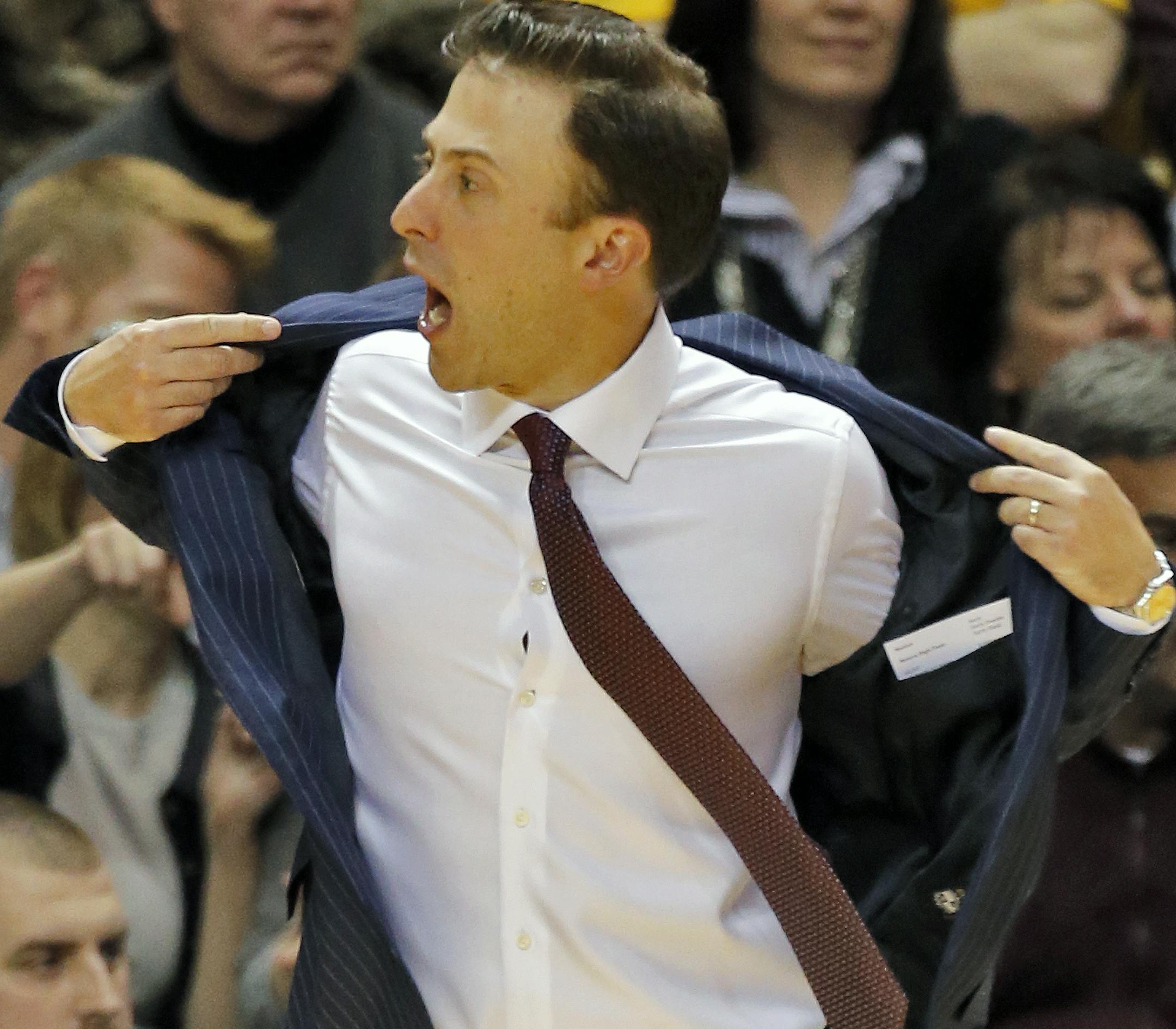 Minnesota Gophers vs. Ohio State Buckeyes basketball. Minnesota won 63-53. Minnesota head coach Richard Pitano ripped off his jacket in frustration with an official's call. (MARLIN LEVISON/STARTRIBUNE(mlevison@startribune.com) ORG XMIT: MIN1401271201503102 ORG XMIT: MIN1401311918070244