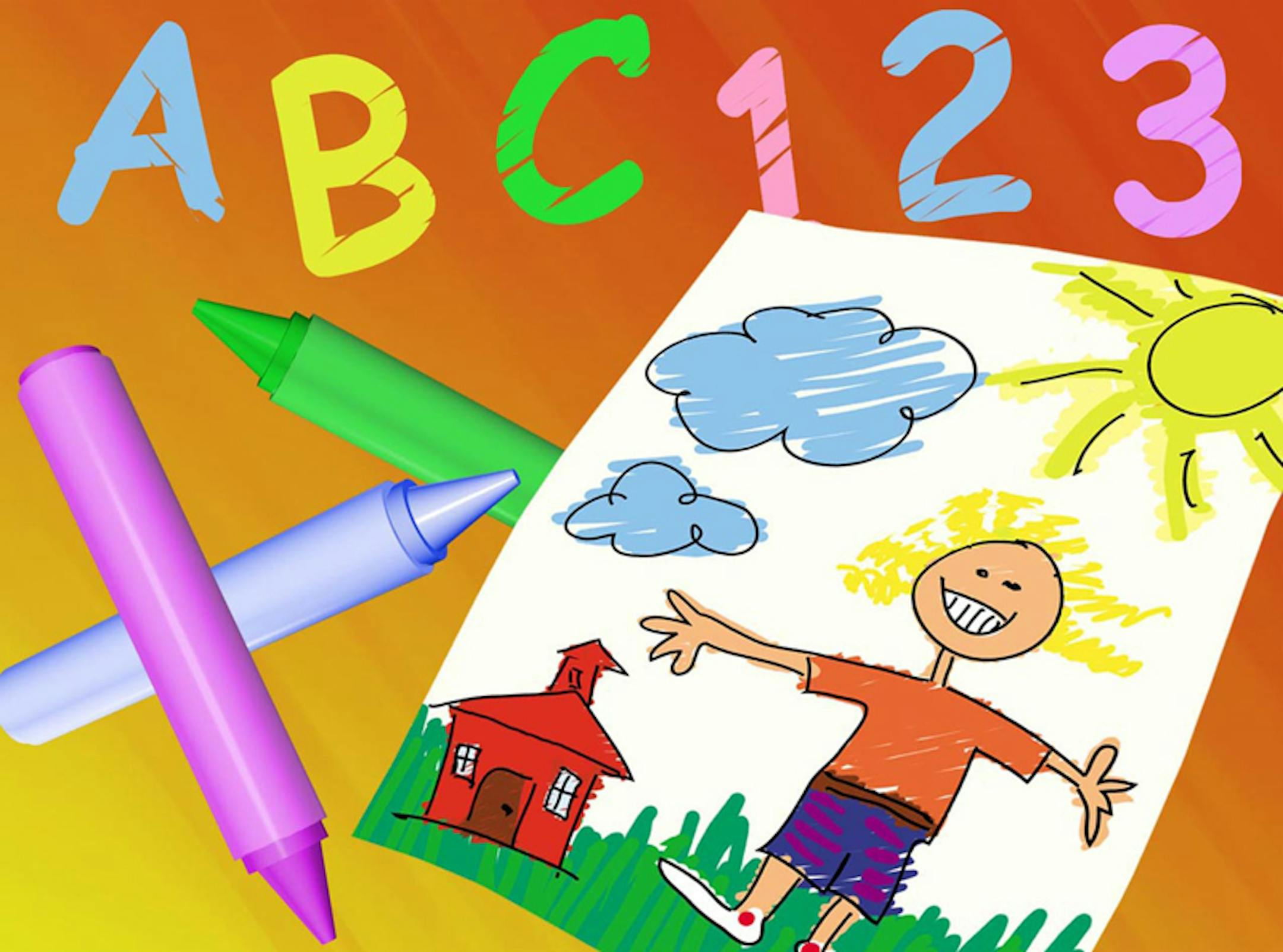 300 dpi 2 col. x 3.25 inches/108x83 mm/368x281 pixels Kurt Strazdins color illustration of a childs drawing, crayons and the text "ABC123." KRT 2001