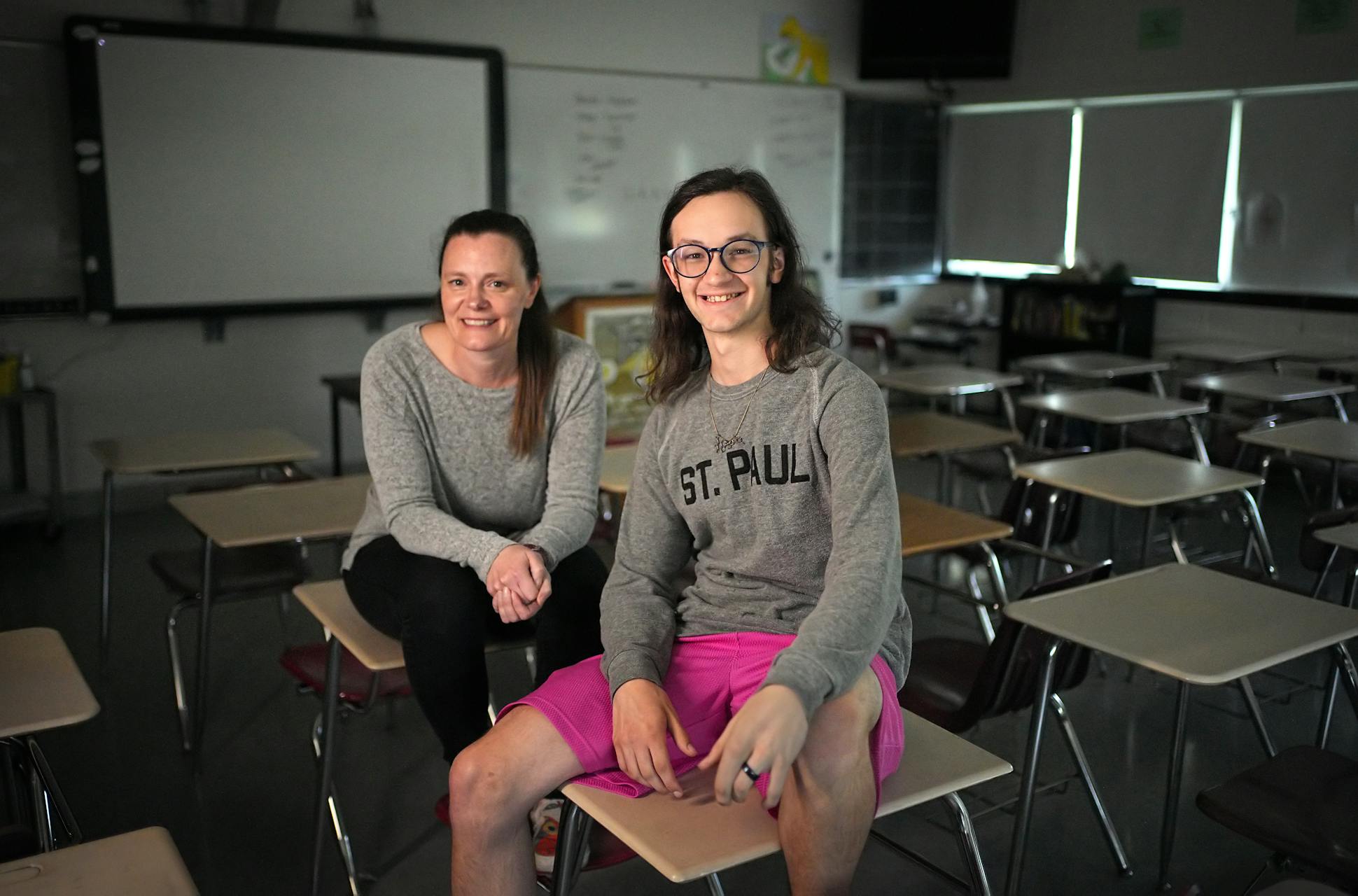 Harding High School Senior Max Rouillard-Horne with math team coach Shannon Pettipiece. Tuesday, May 24, 2022 in St. Paul, Minn. Graduating seniors thank the people who inspired them most this year. ] Brian Peterson ¥ brian.peterson@startribune.com