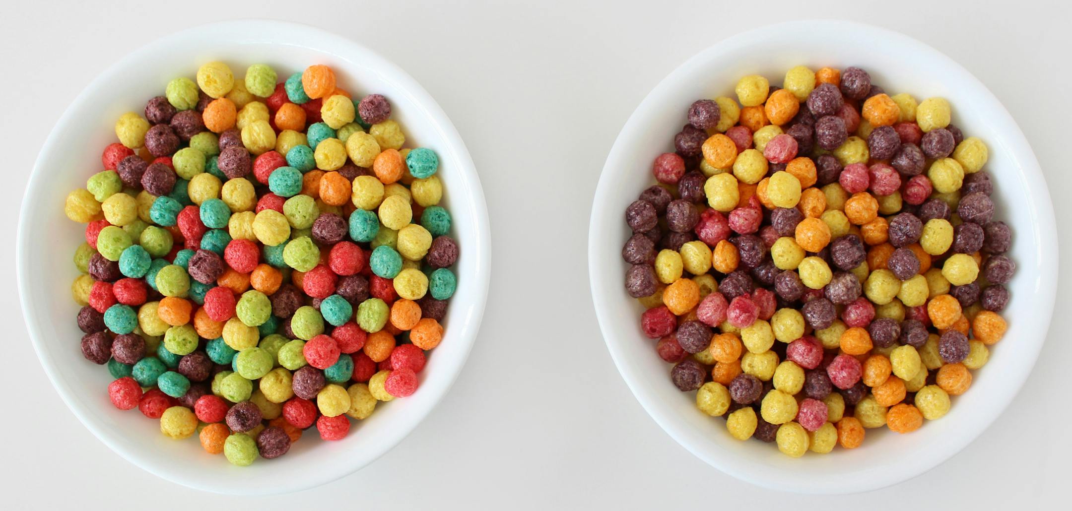 This undated photo combination provided by General Mills shows a bowl of Trix cereal made with artificial colors, left, and a bowl with natural colors, right. Food makers are purging their products of artificial dyes as people increasingly eschew anything in their food they don&#xed;t feel is natural. General Mills couldn&#xed;t find good alternatives for the blue and green pieces in Trix, so the company is getting rid of those colors when the cereal is reformulated later this year. The red piec