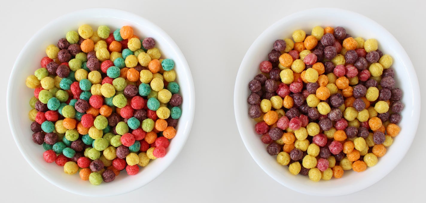 This undated photo combination provided by General Mills shows a bowl of Trix cereal made with artificial colors, left, and a bowl with natural colors, right. Food makers are purging their products of artificial dyes as people increasingly eschew anything in their food they don&#xed;t feel is natural. General Mills couldn&#xed;t find good alternatives for the blue and green pieces in Trix, so the company is getting rid of those colors when the cereal is reformulated later this year. The red piec