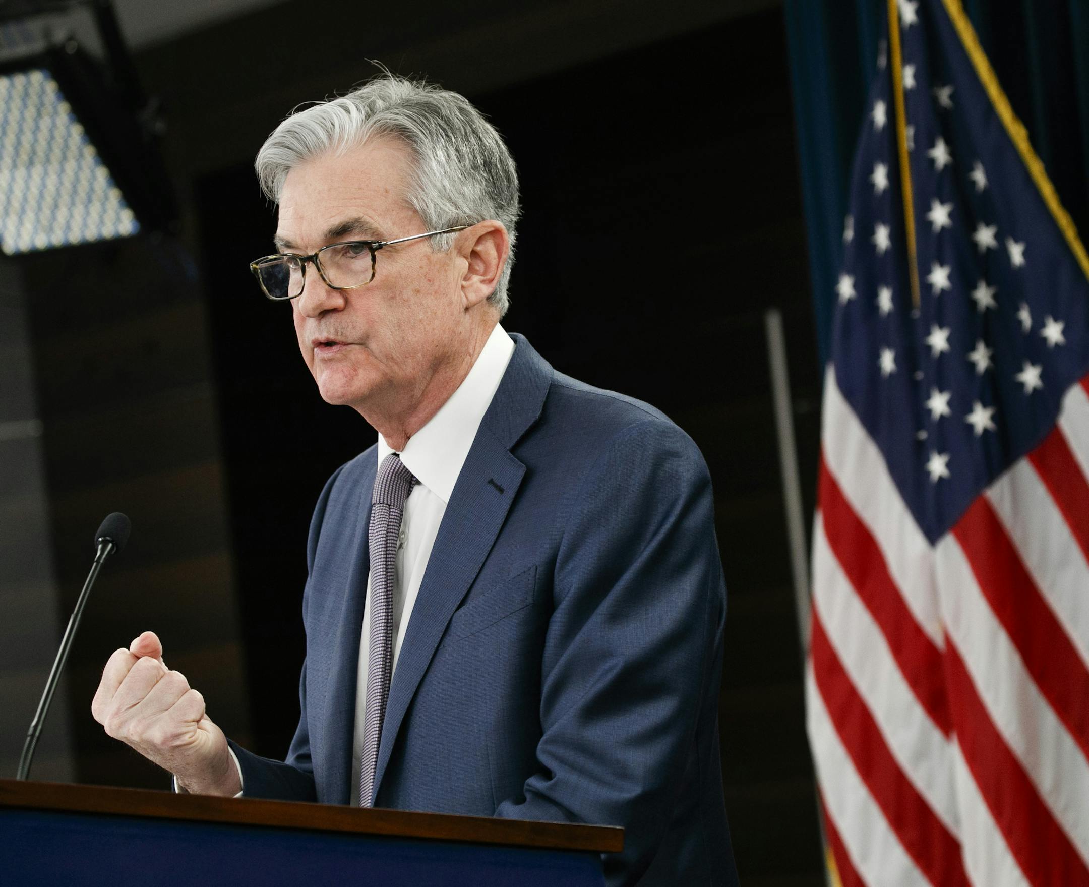 In this March 3, 2020 file photo Federal Reserve Chair Jerome Powell speaks during a news conference in Washington. Powell is pledging to reveal the names and other details of the entities that borrow from the emergency programs the central bank has set up to offset the economic hit from the viral outbreak. In prepared testimony for a Tuesday, May 19, 2020 congressional hearing, Powell says the central bank will disclose the amounts borrowed and the interest rates it levies under its programs to