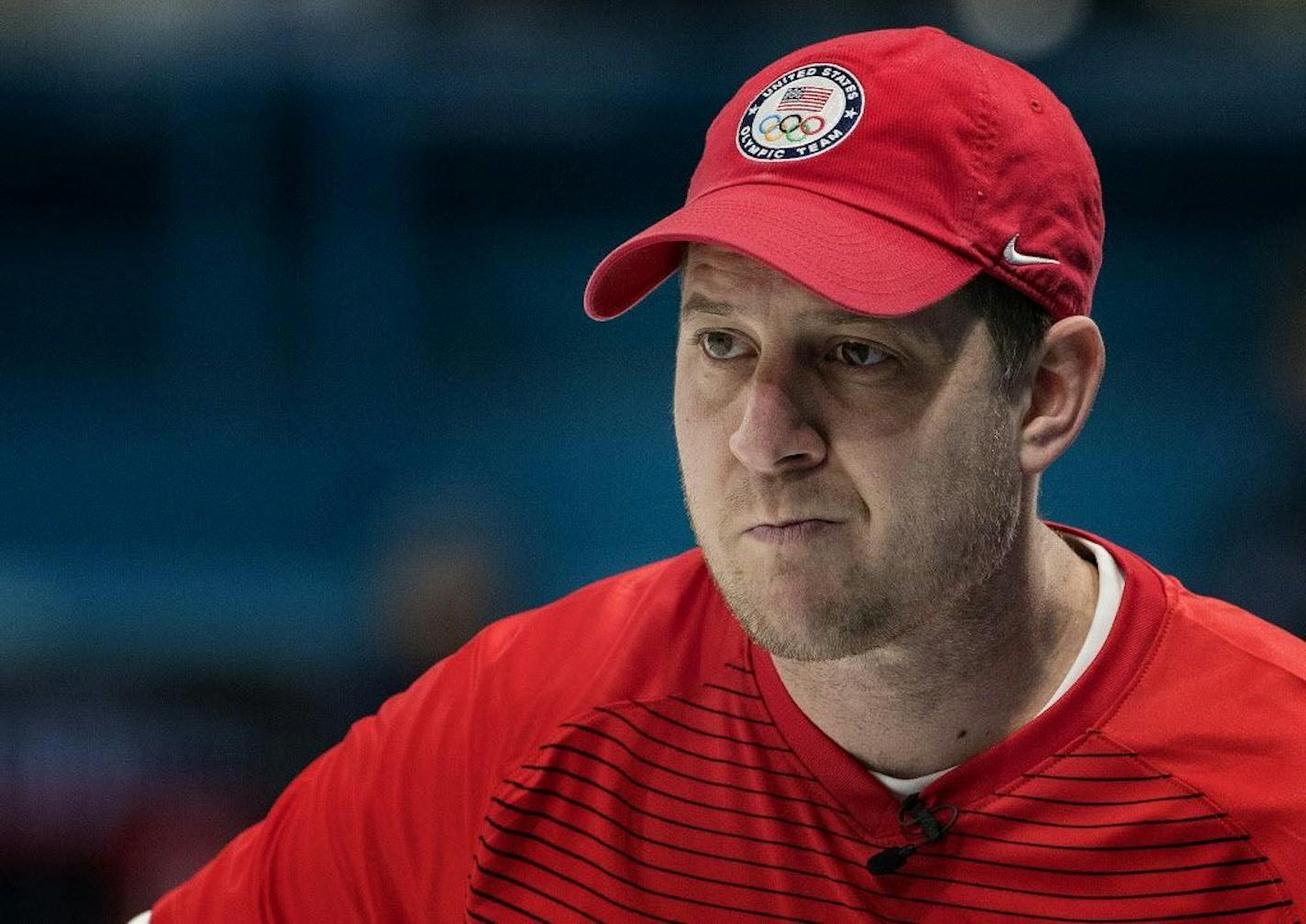 John Shuster during a match against Norway on Sunday night at Gangneung Curling Center.