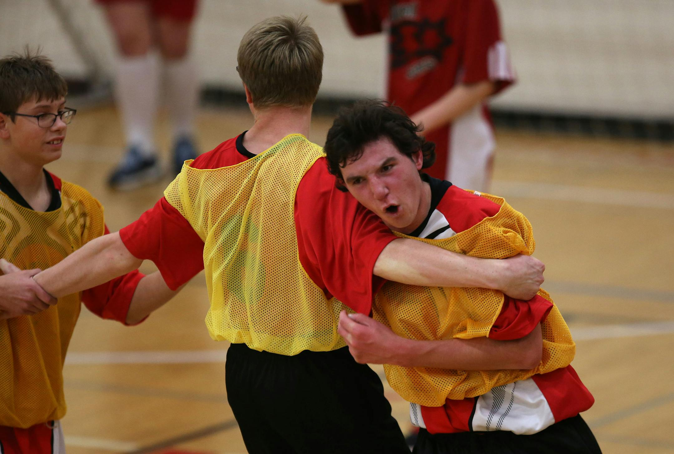 North Suburban's Anthony Bengston and Nick Koran celebrated a goal. ] (KYNDELL HARKNESS/STAR TRIBUNE) kyndell.harkness@startribune.com Adapted soccer playoffs North Suburban vs Southern Stars at Centennial High School in Circle Pines , Min., Wednesday, November 5, 2014.
