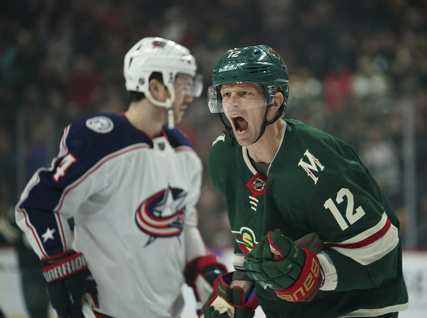 Minnesota Wild center Eric Staal celebrated his first period wraparound goal. ] JEFF WHEELER • Jeff.Wheeler@startribune.com The Minnesota Wild faced the Columbus Blue Jackets in an NHL hockey game Tuesday night, February 25, 2020 at Xcel Energy Center in St. Paul.