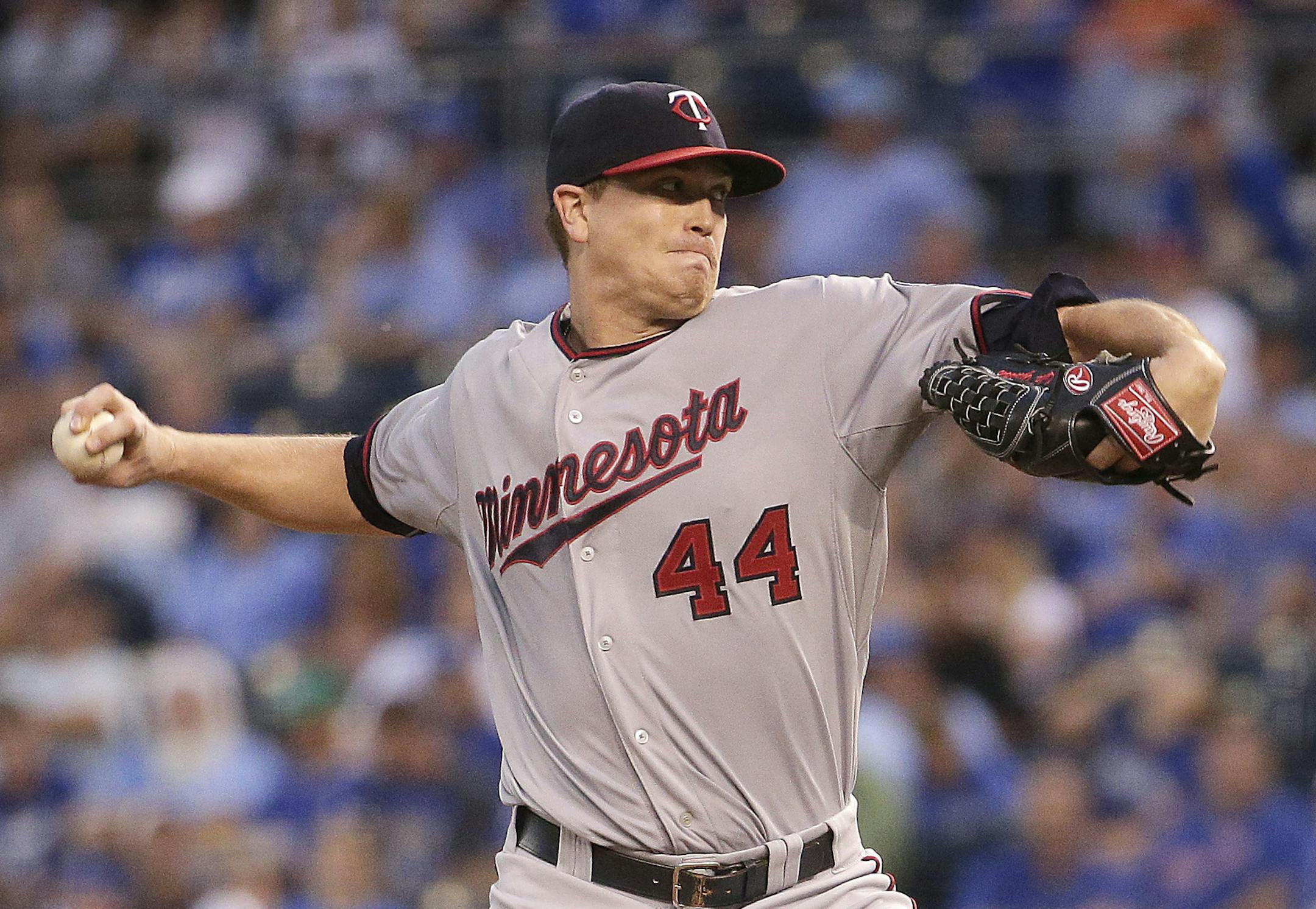 Minnesota Twins starting pitcher Kyle Gibson throws during the first inning of a baseball game against the Kansas City Royals Tuesday, Sept. 8, 2015, in Kansas City, Mo. (AP Photo/Charlie Riedel)