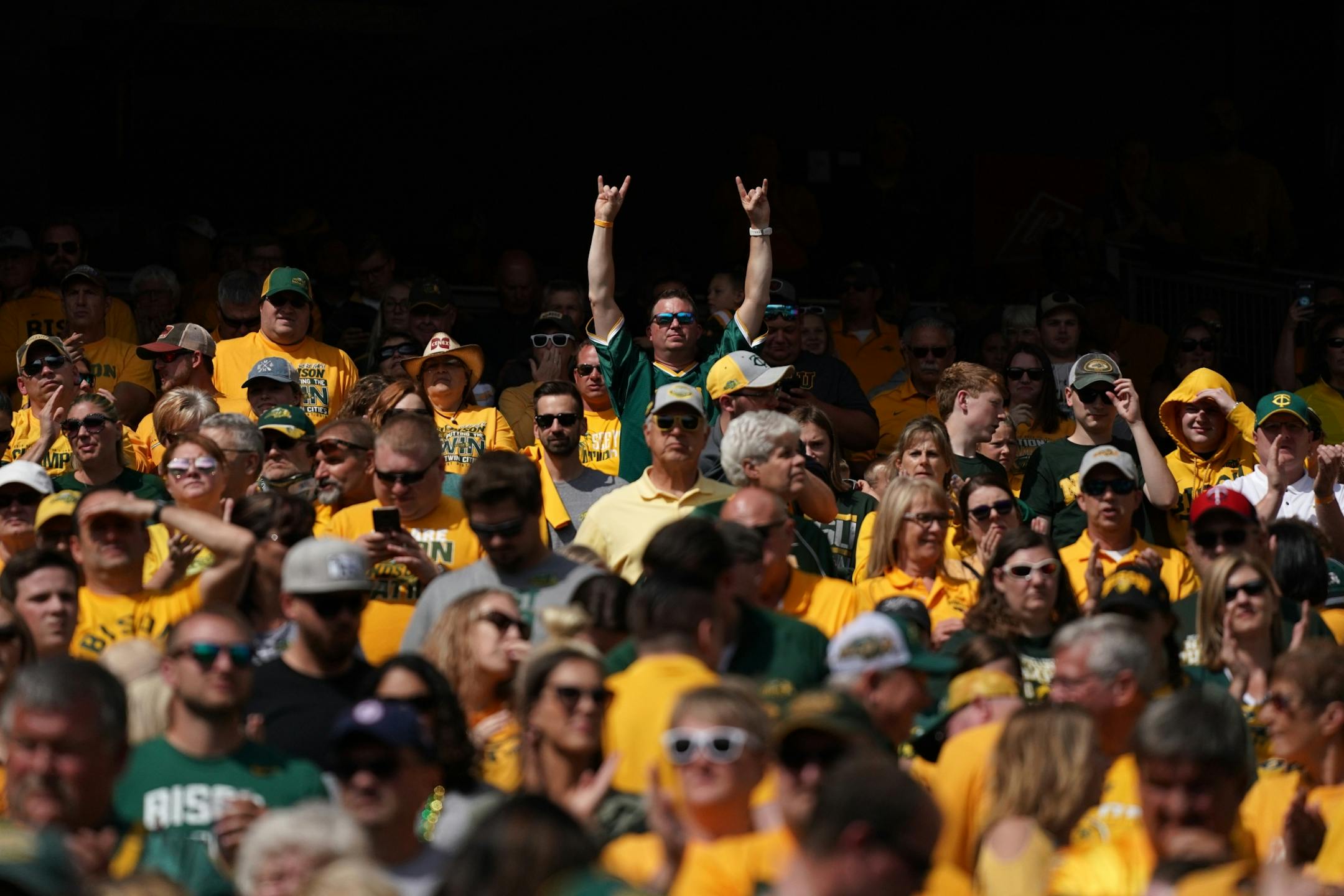 A North Dakota State Bison fan cheered from the stands before Saturday's game against the Butler Bulldogs.